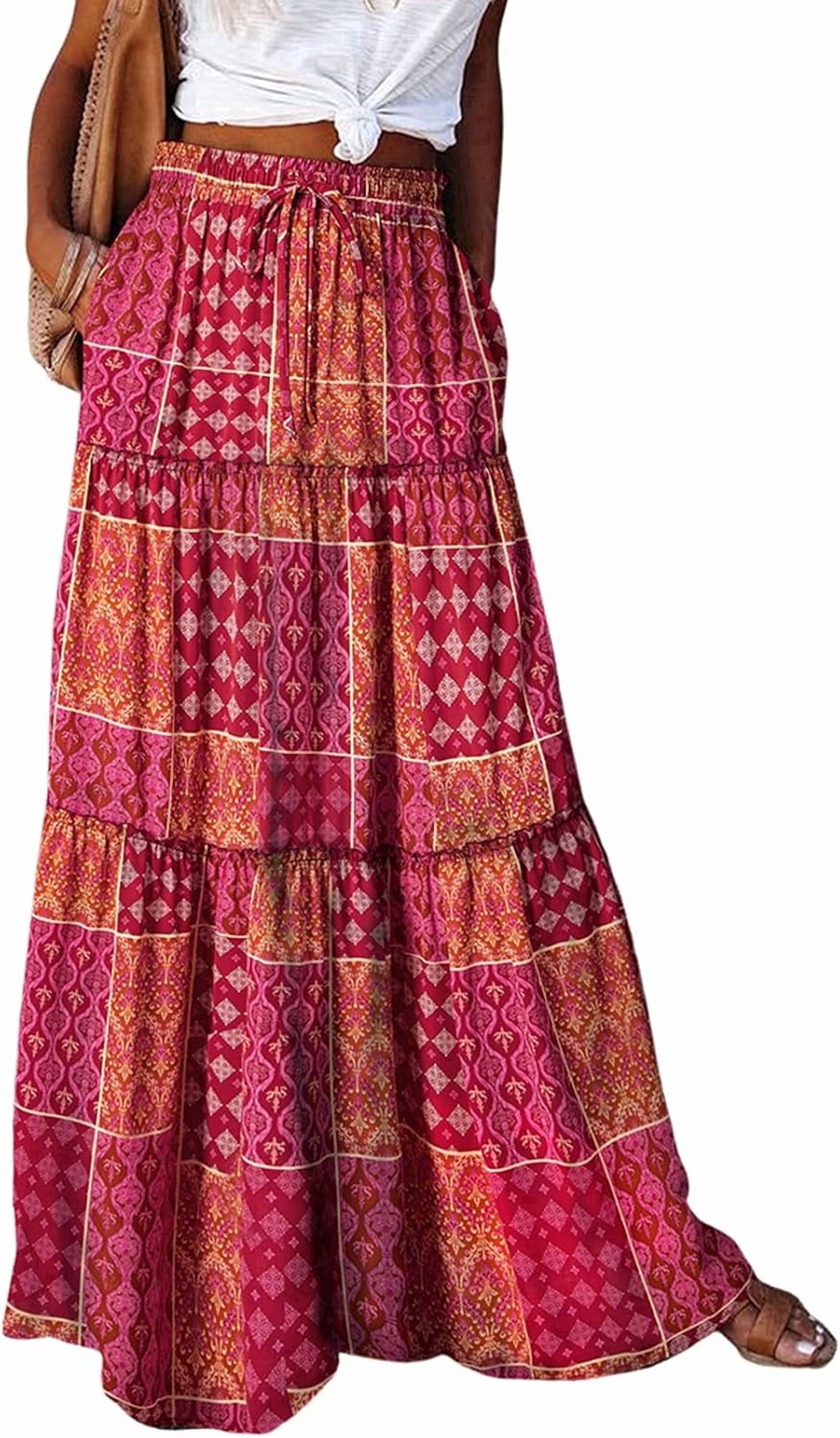 SOMER Womens Summer Skirt Floral Print Boho Maxi Skirt Elastic High Waist Pleated Ruffle Flowy Long Skirts S
