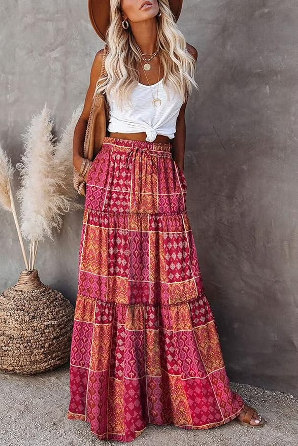 SOMER Womens Summer Skirt Floral Print Boho Maxi Skirt Elastic High Waist Pleated Ruffle Flowy Long Skirts S