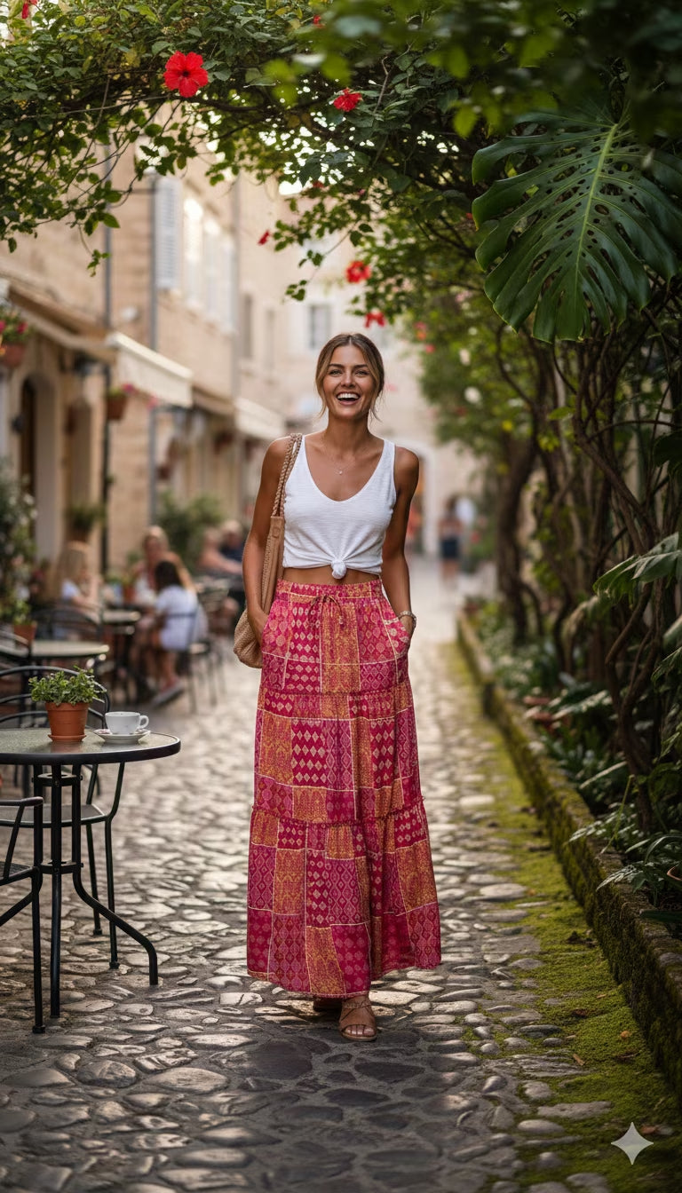SOMER Womens Summer Skirt Floral Print Boho Maxi Skirt Elastic High Waist Pleated Ruffle Flowy Long Skirts S