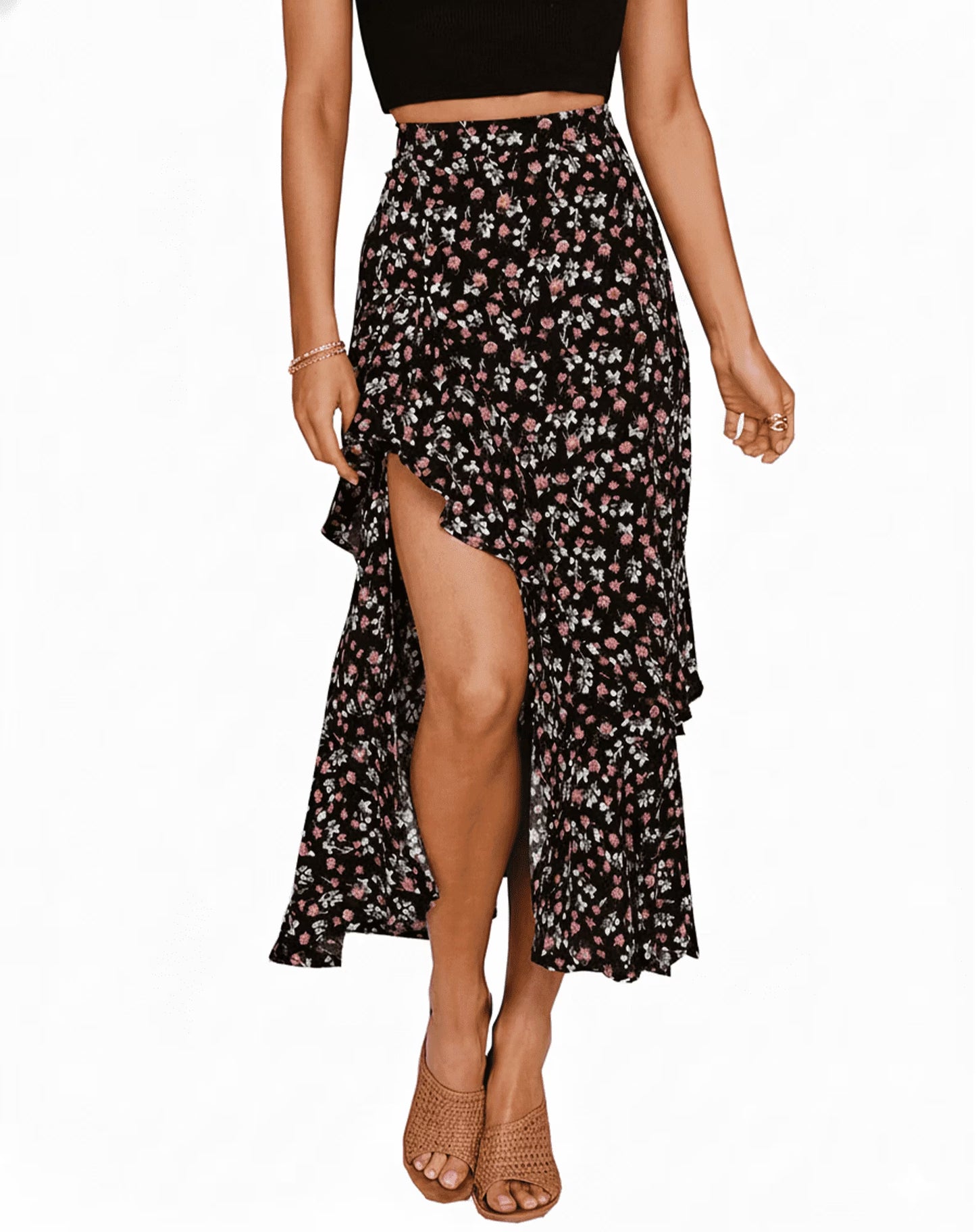 SOMER Womens Summer Skirt Floral Print Boho Maxi Skirt Elastic High Waist Pleated Ruffle Flowy Long Skirts S