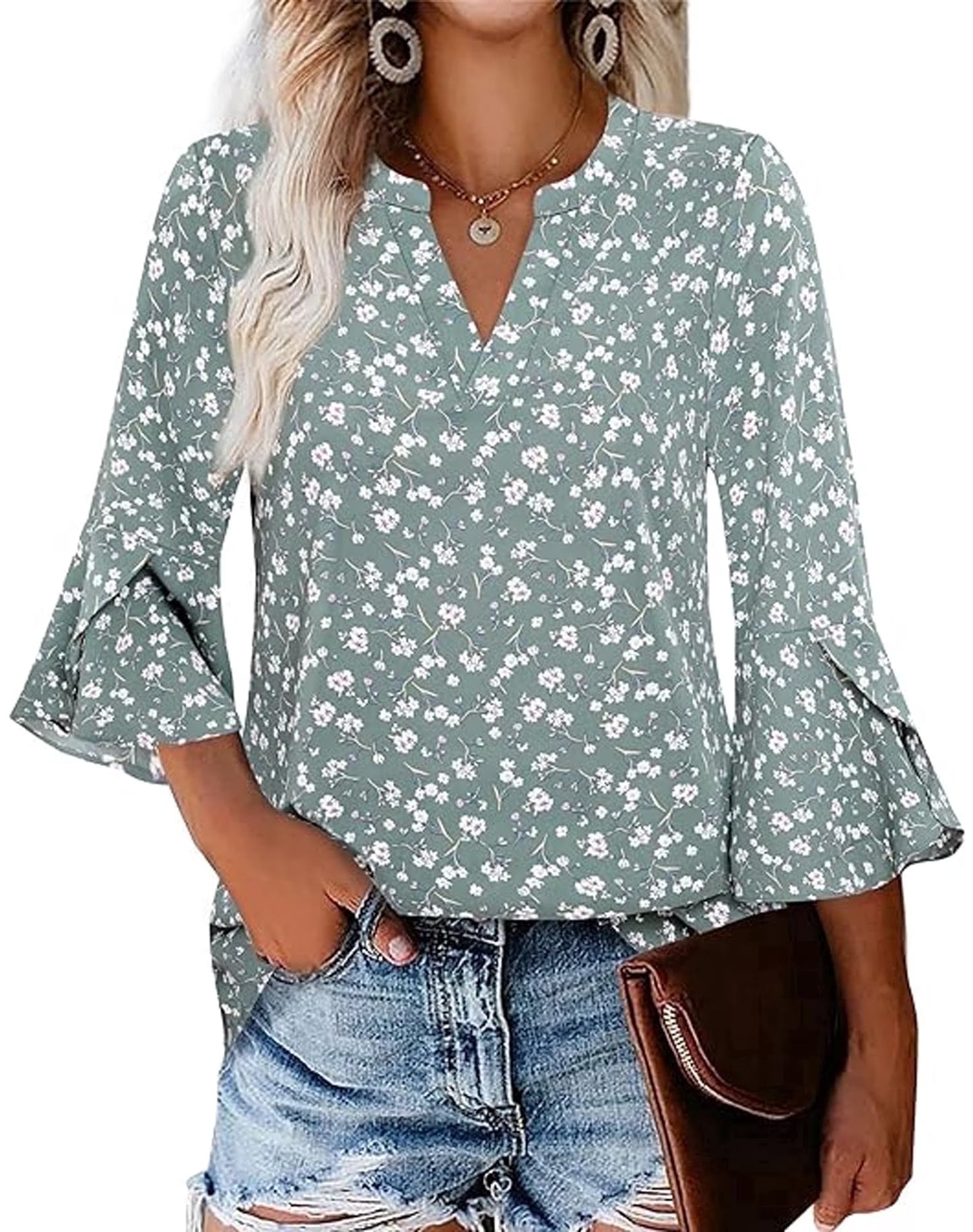 SOMER Women’s Flowy Tops Business Work Top 3/4 Sleeve Blouses V-Neck Summer Dressy Casual Shirts Red
