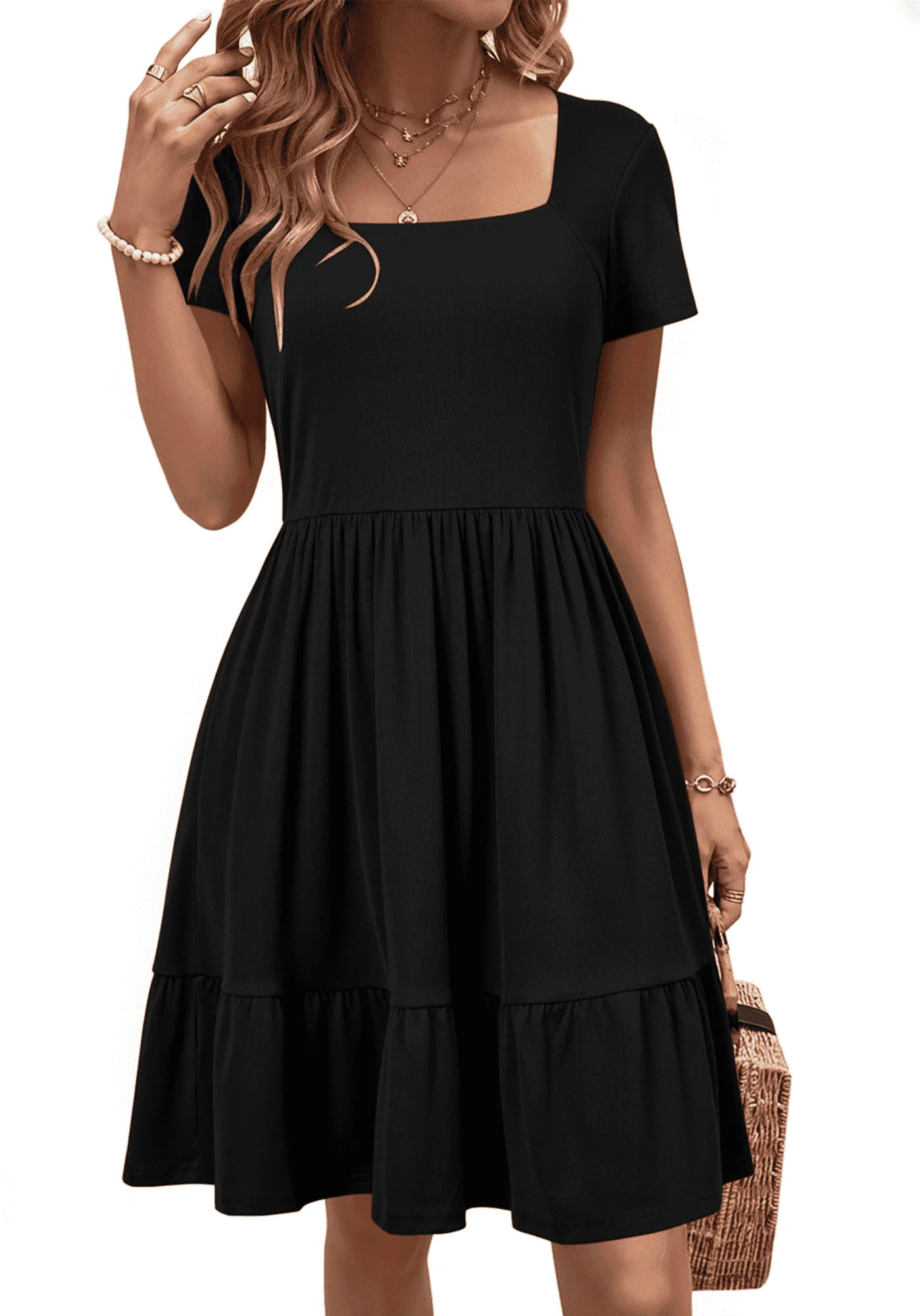SOMER Women’s Dress Square Neck Sundress Short Sleeve Formal Ruffle Flowy Business Casual Midi Dress with Pockets 2026 Spring