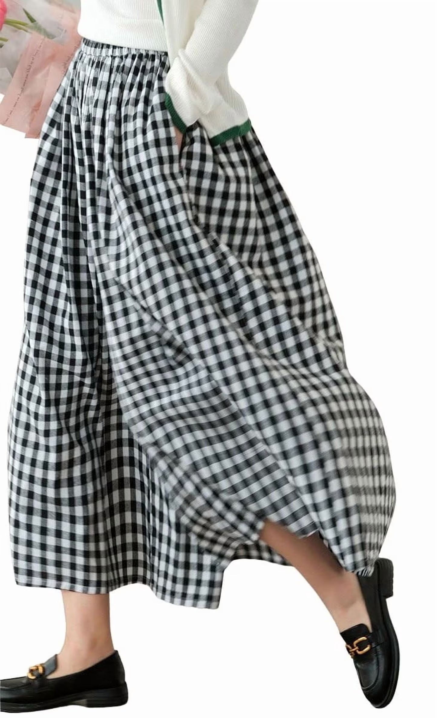 SOMER Women's Capri Plaid Pants Elastic Waist Gingham Wide Leg Palazzo Pants,Coffee