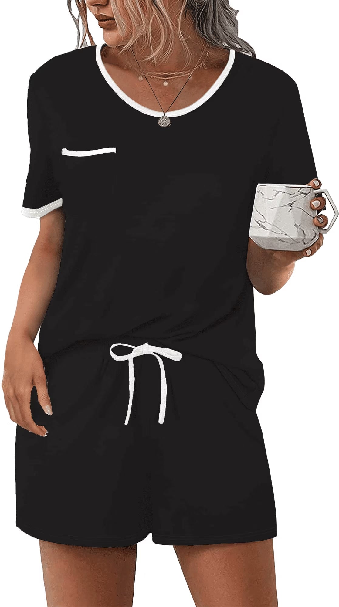 SOMER 2 Piece Lounge Set for Women Pajama Set Short Sleeve Tops and Shorts Soft Sleepwear, Chest Pocket