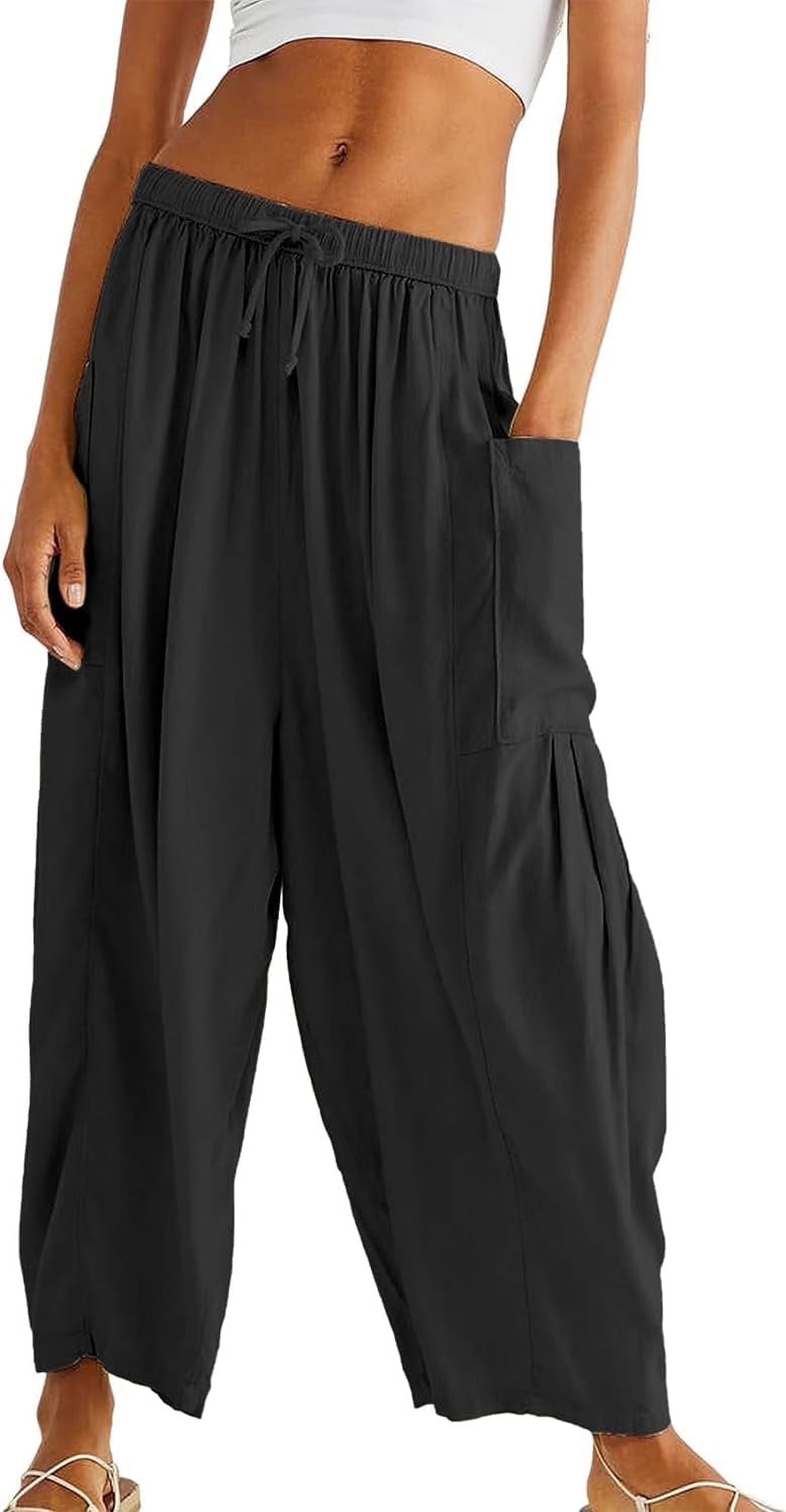 SOMER Womens Wid e Leg Pants Flowy Casual Drawstring Waist Wide Leg Loose Linen Palazzo Harem Pants with Pocket 2026