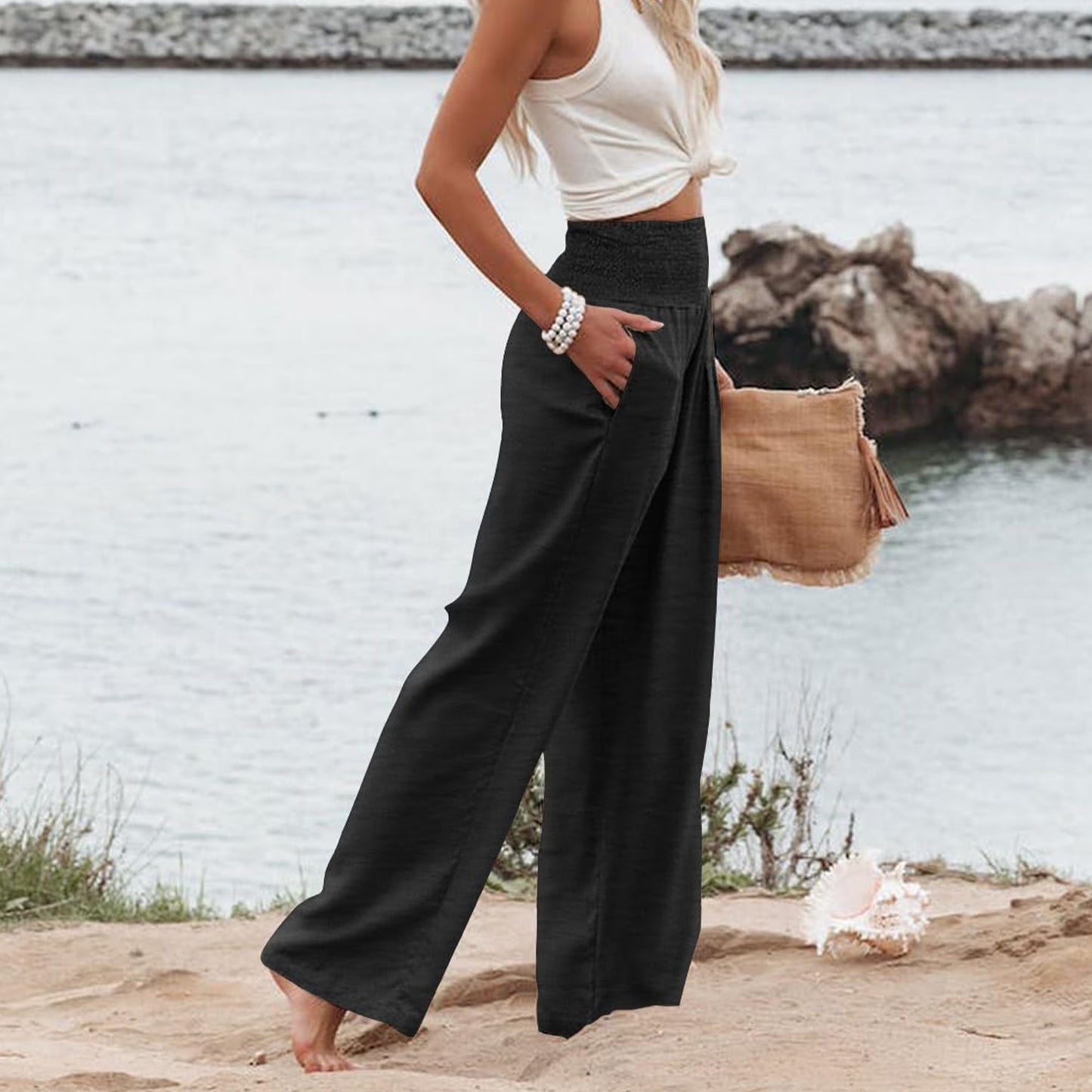 SOMER Women’s Wide Leg Palazzo Pants High Waisted Elastic Waist Casual Lounge Pants Trousers with Pockets