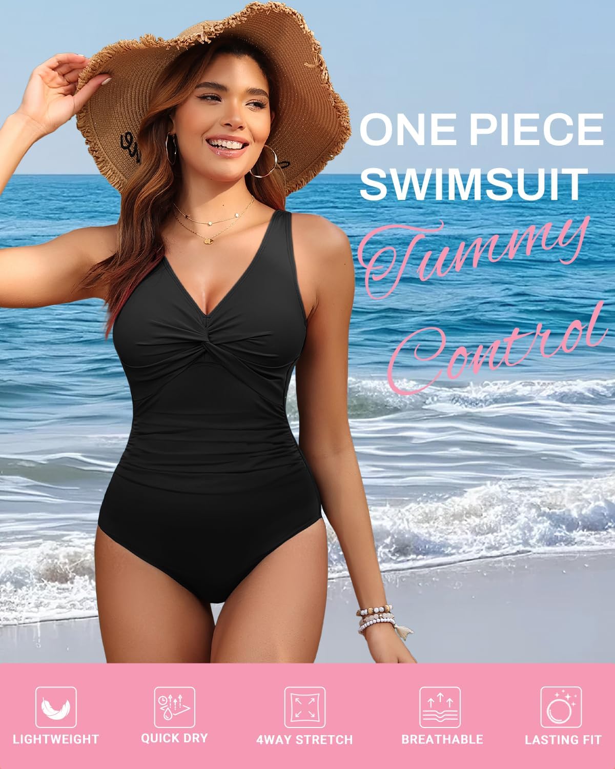 SOMER Women Tummy Control One Piece Swimsuit - Push Up Bathing Suit Full Coverage Slimming Swimwear