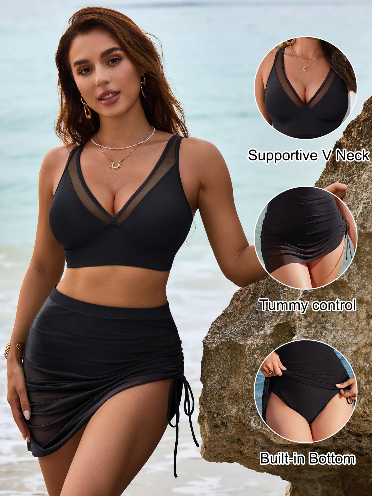 SOMER Womens Swim Skirt High Waisted Bikini Sets Tummy Control Swimsuits Mesh Sarong Wraps Bathing Suits