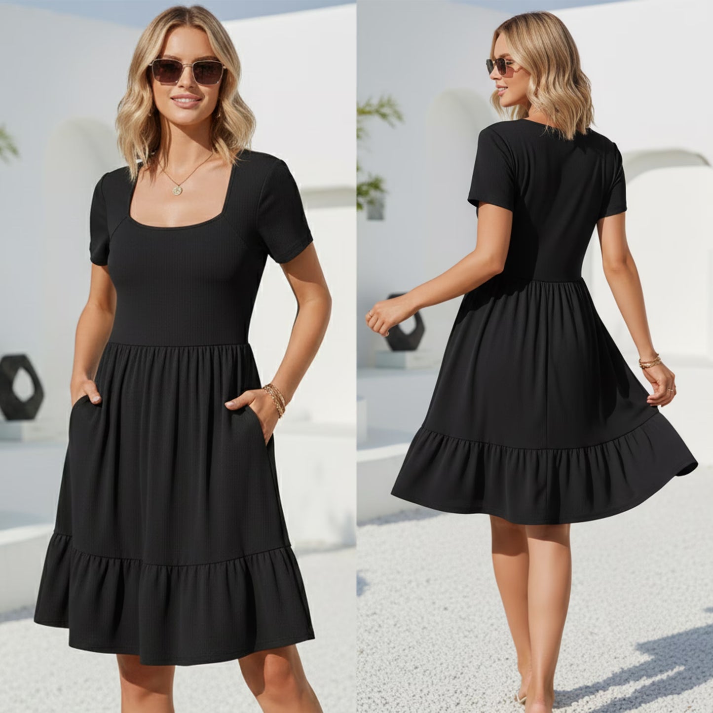 SOMER Women’s Dress Square Neck Sundress Short Sleeve Formal Ruffle Flowy Business Casual Midi Dress with Pockets 2026 Spring