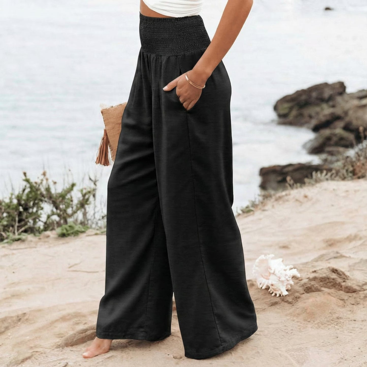 SOMER Women’s Wide Leg Palazzo Pants High Waisted Elastic Waist Casual Lounge Pants Trousers with Pockets