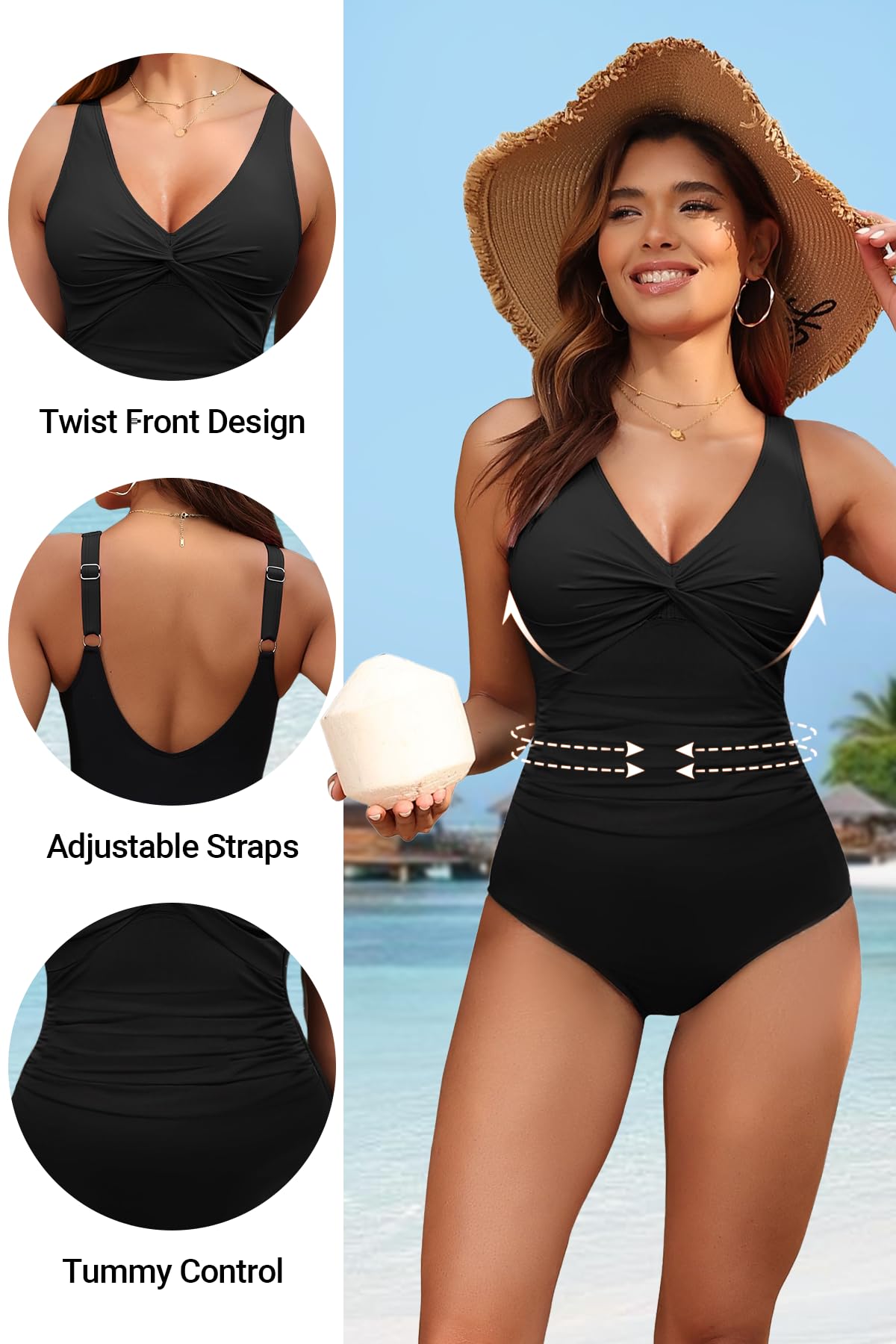 SOMER Women Tummy Control One Piece Swimsuit - Push Up Bathing Suit Full Coverage Slimming Swimwear