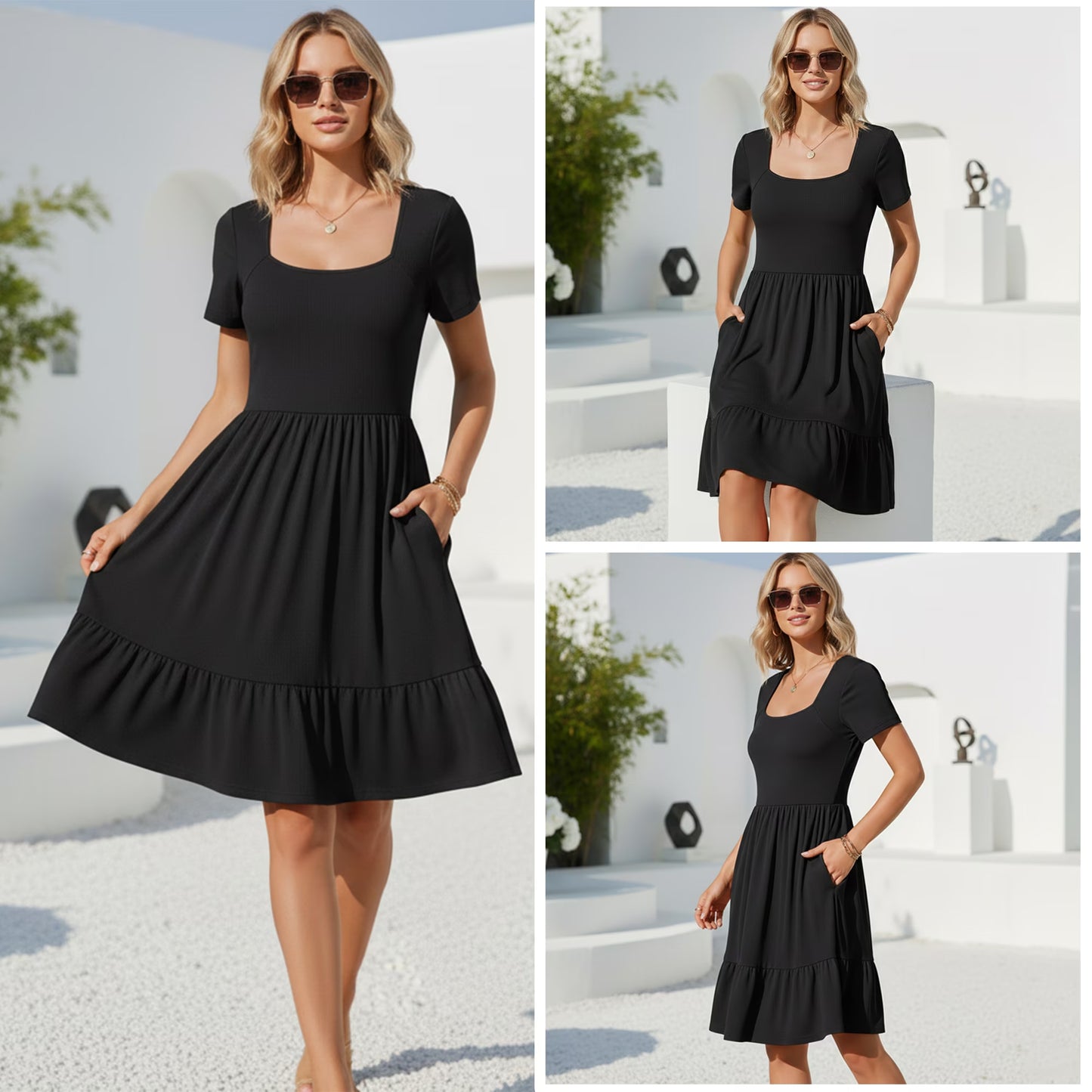 SOMER Women’s Dress Square Neck Sundress Short Sleeve Formal Ruffle Flowy Business Casual Midi Dress with Pockets 2026 Spring