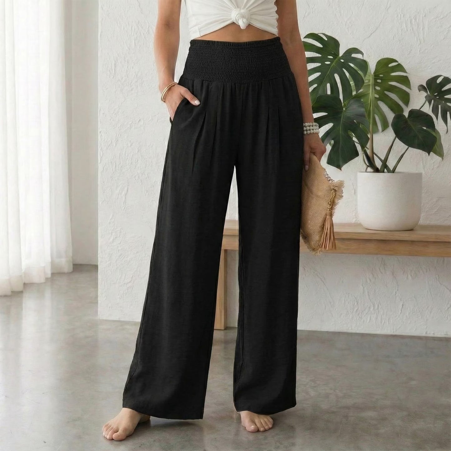 SOMER Women’s Wide Leg Palazzo Pants High Waisted Elastic Waist Casual Lounge Pants Trousers with Pockets