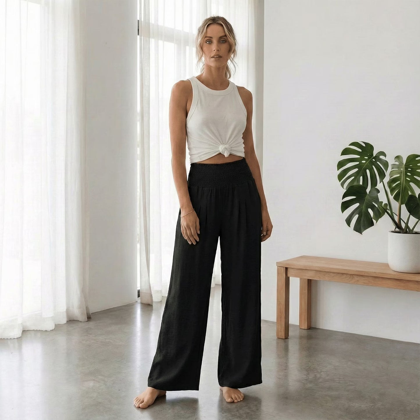SOMER Women’s Wide Leg Palazzo Pants High Waisted Elastic Waist Casual Lounge Pants Trousers with Pockets
