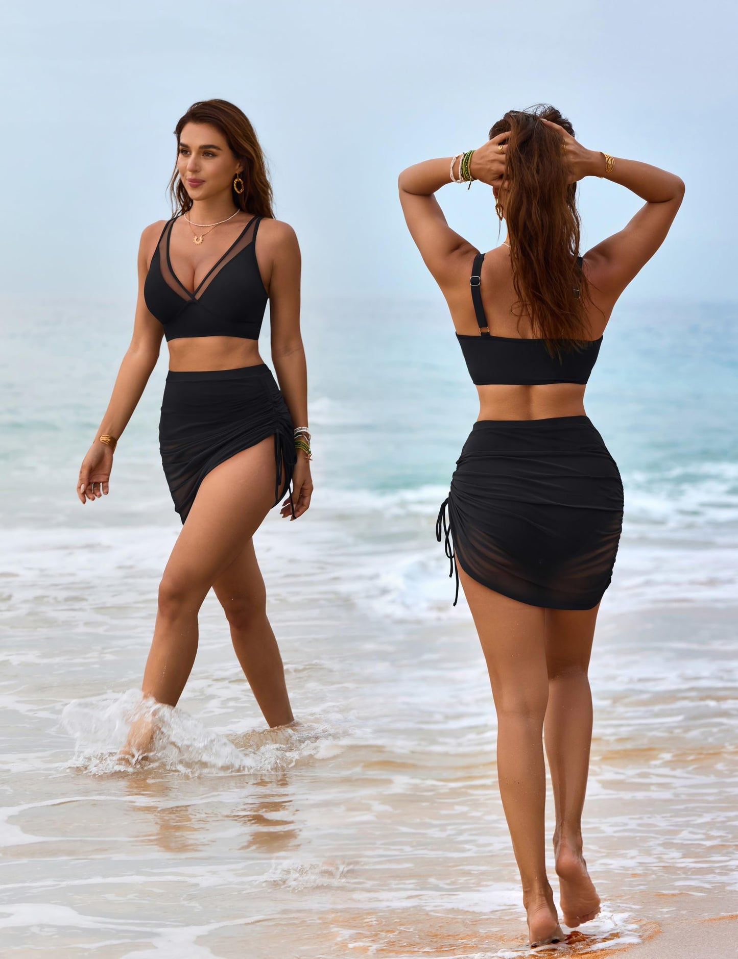 SOMER Womens Swim Skirt High Waisted Bikini Sets Tummy Control Swimsuits Mesh Sarong Wraps Bathing Suits