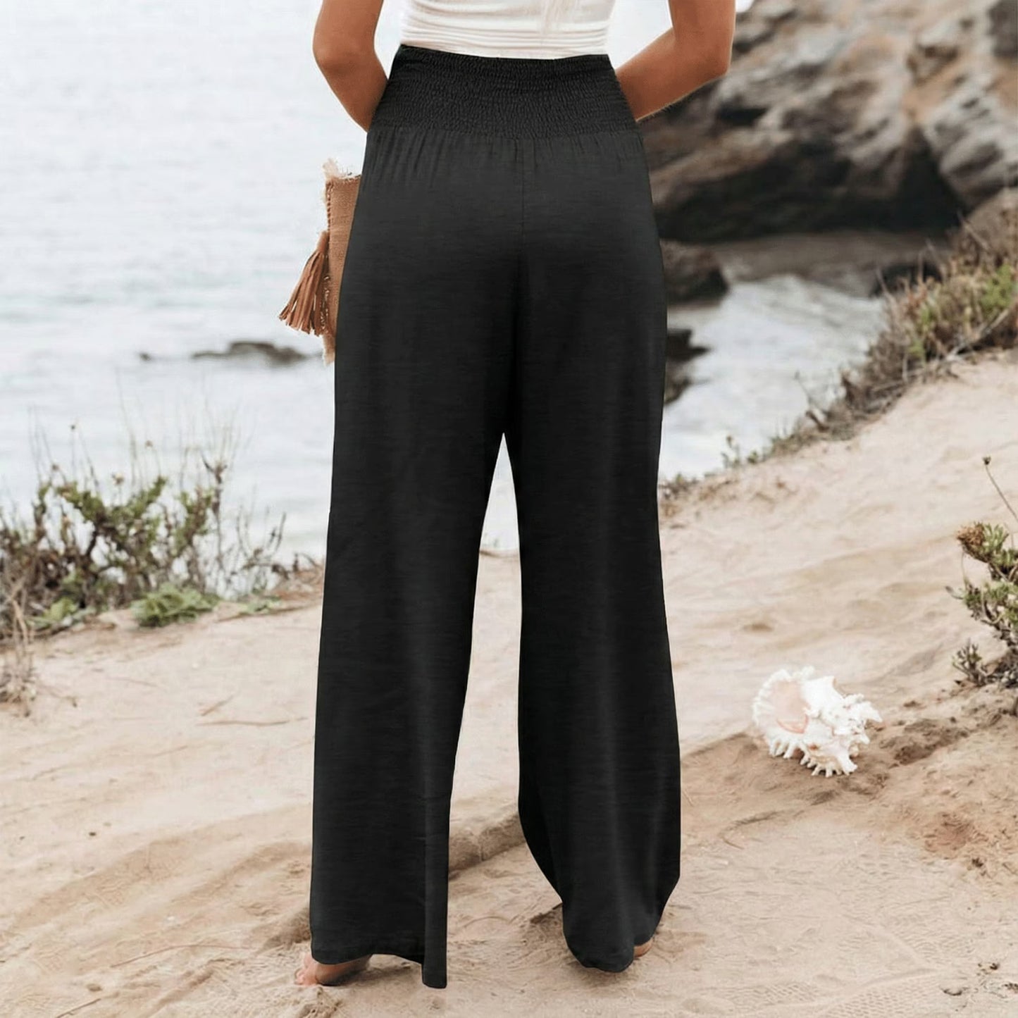 SOMER Women’s Wide Leg Palazzo Pants High Waisted Elastic Waist Casual Lounge Pants Trousers with Pockets
