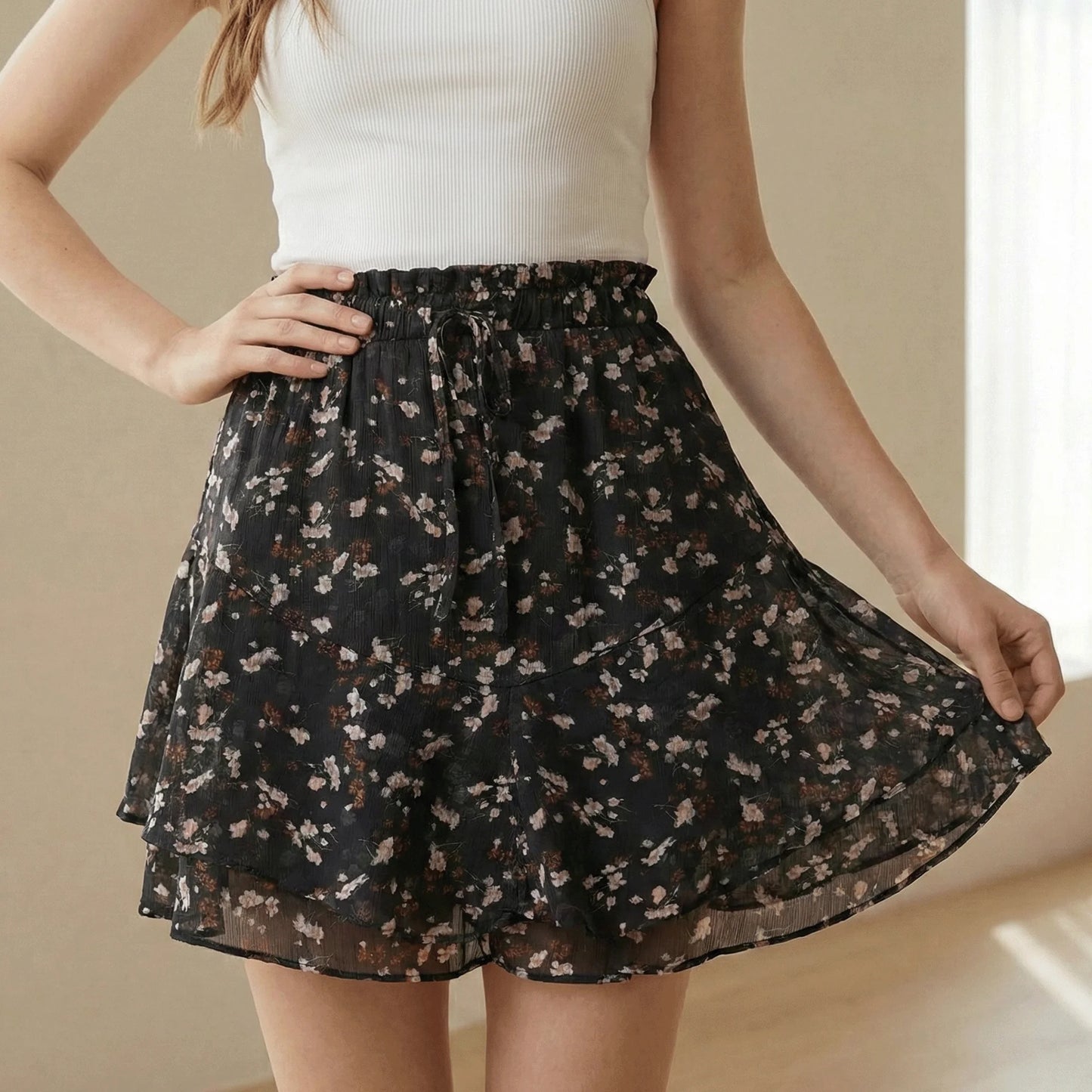 SOMER Mini Skirts for Womens Skort High Waisted Elastic Waist Skorts for Woman Black Skort Chiffon Tiered Boho Ruffle Skirt with Shorts Underneath Trendy