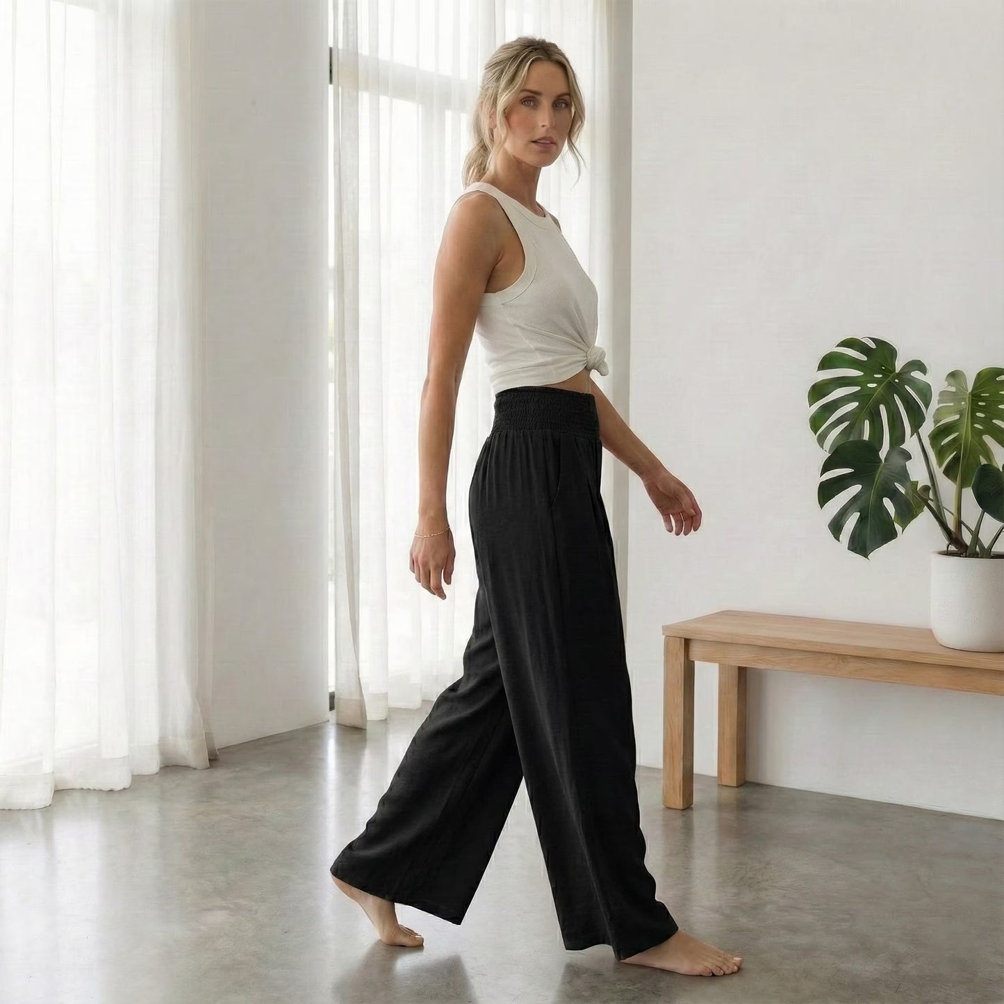 SOMER Women’s Wide Leg Palazzo Pants High Waisted Elastic Waist Casual Lounge Pants Trousers with Pockets