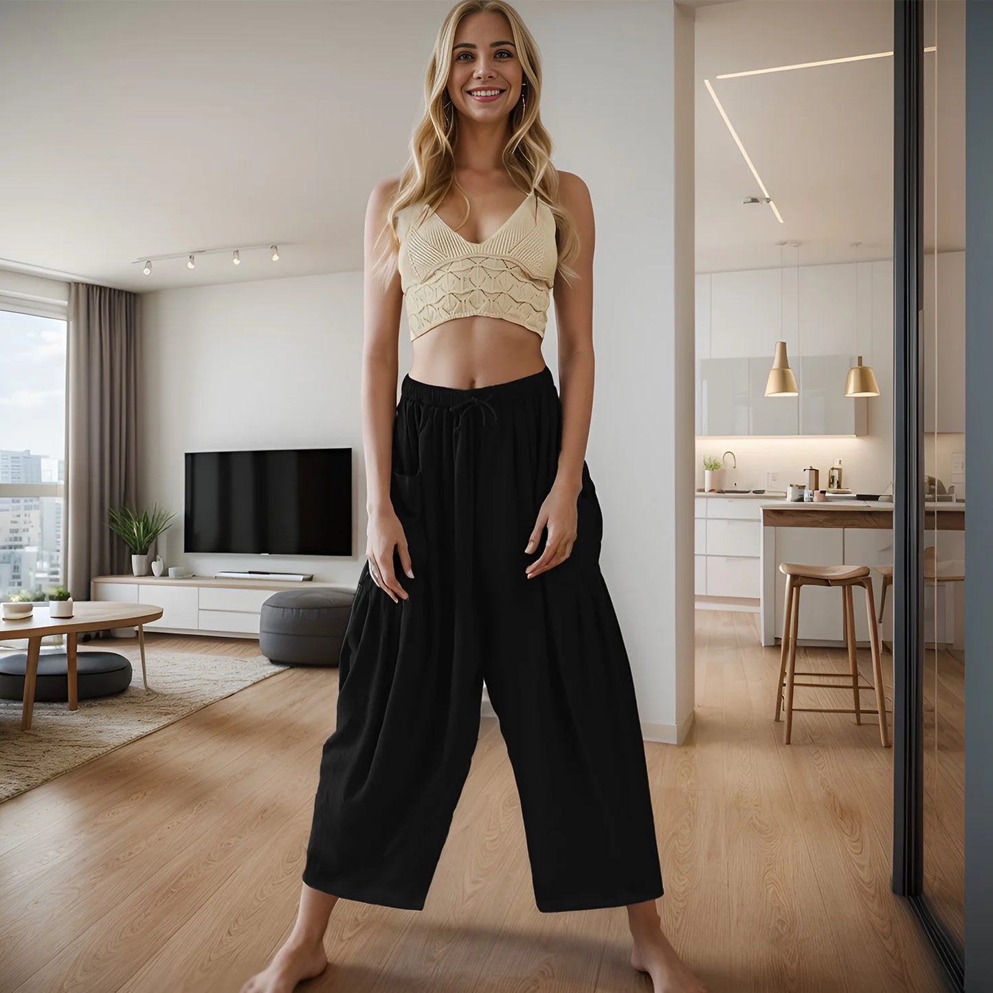 SOMER Womens Wid e Leg Pants Flowy Casual Drawstring Waist Wide Leg Loose Linen Palazzo Harem Pants with Pocket 2026