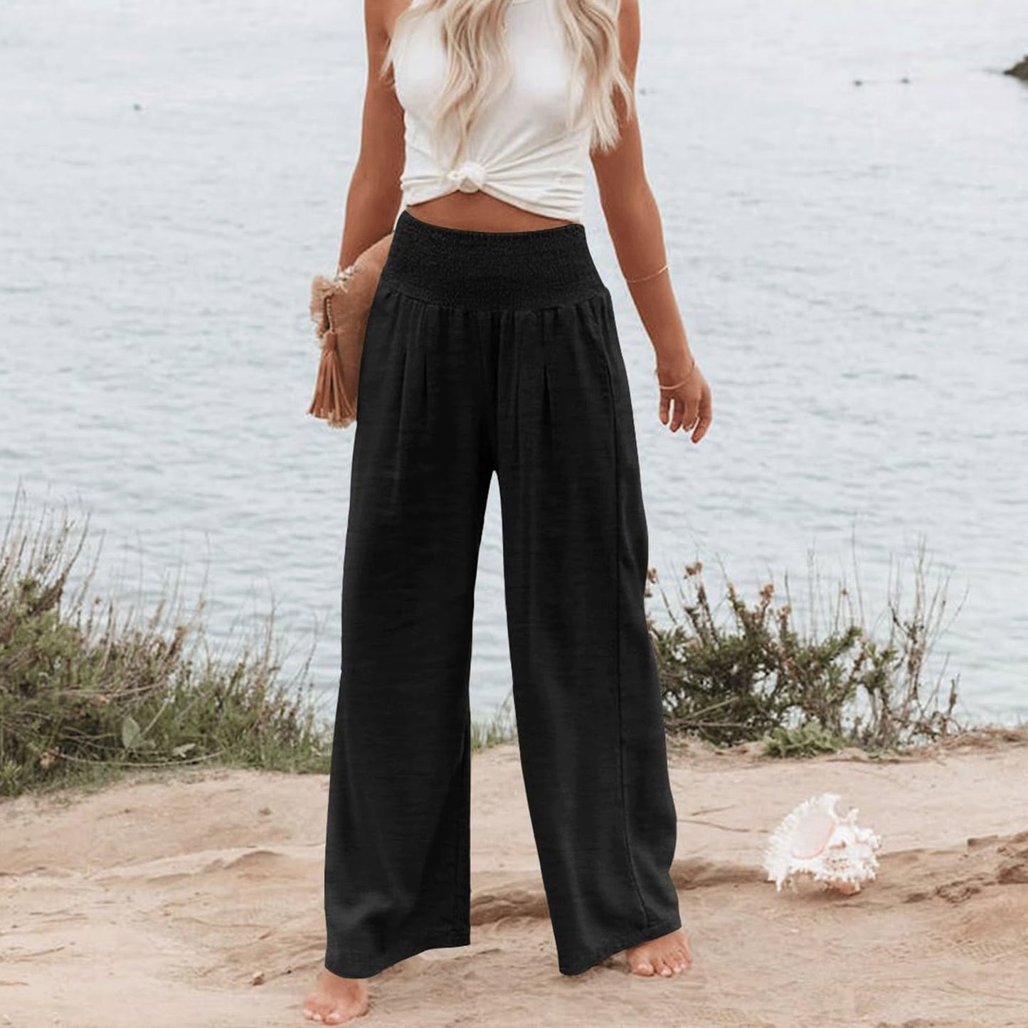 SOMER Women’s Wide Leg Palazzo Pants High Waisted Elastic Waist Casual Lounge Pants Trousers with Pockets