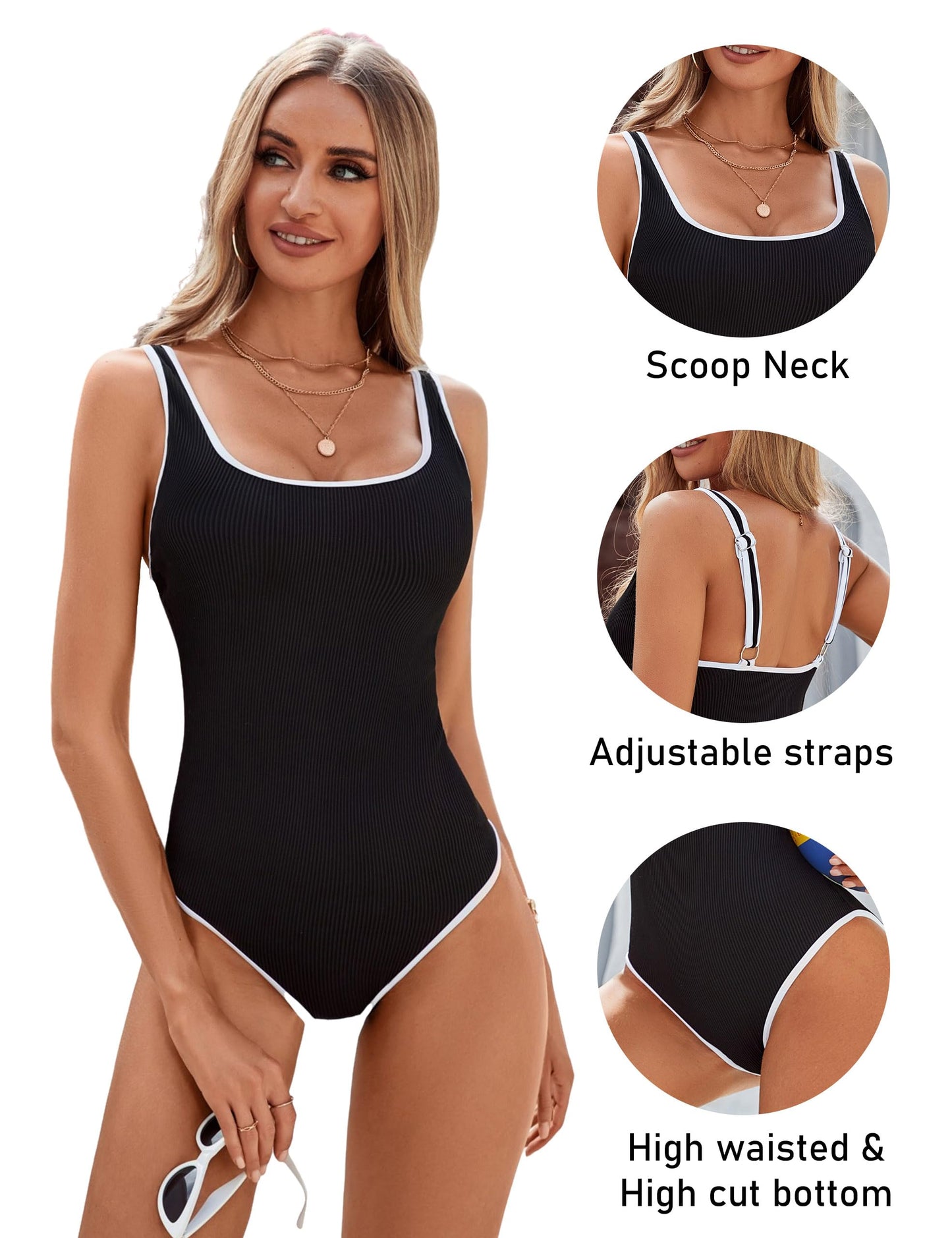 SOMER Women's One Piece Swimsuit Sports Adjustable Strap Bathing Suit Color Block Ribbed High Cut Swimsuits