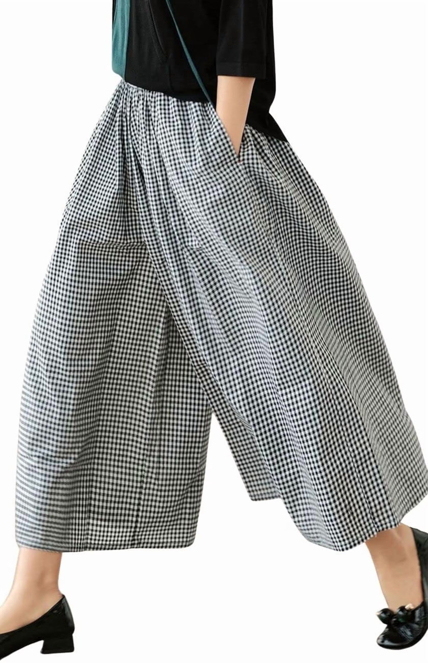SOMER Women's Capri Plaid Pants Elastic Waist Gingham Wide Leg Palazzo Pants,Coffee