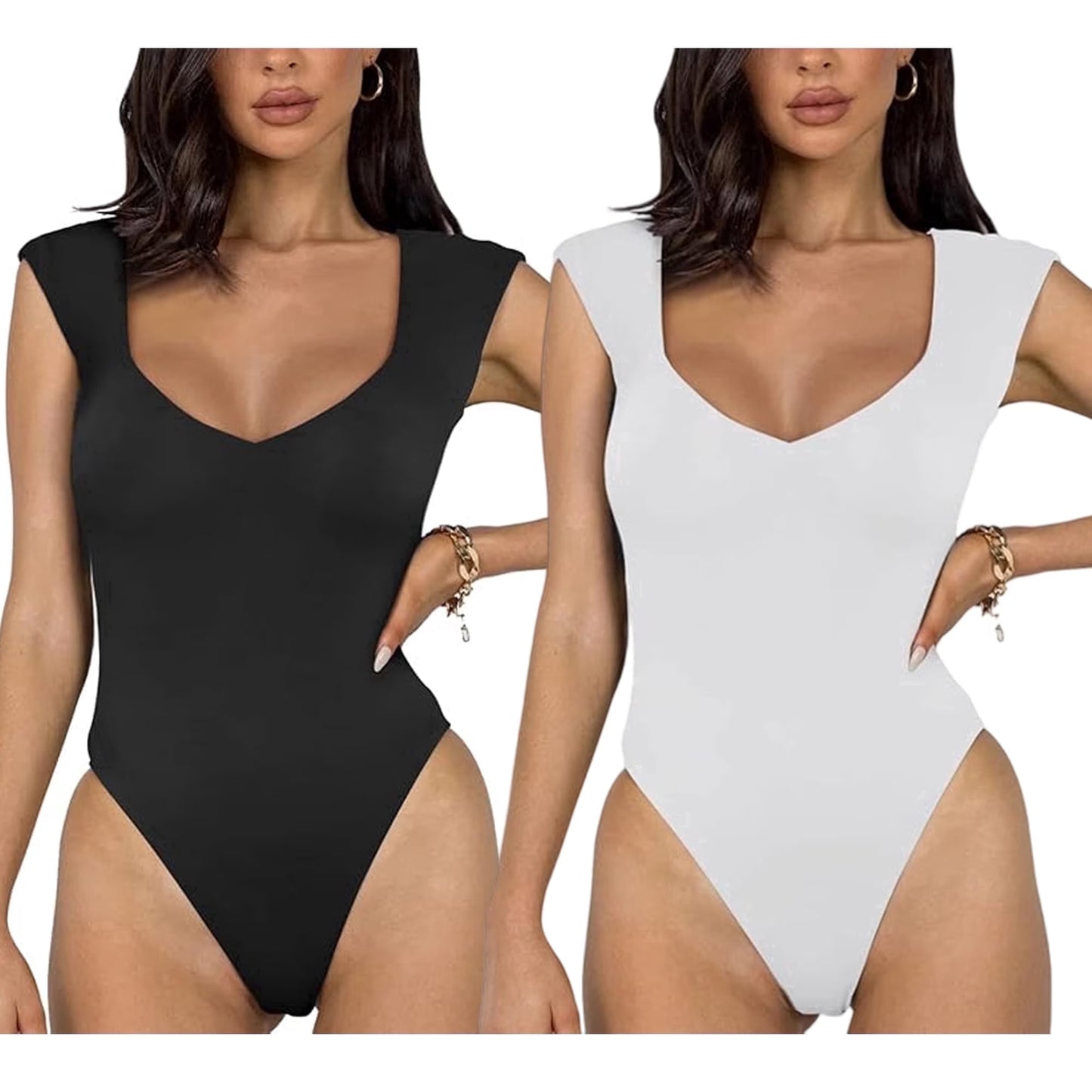 SOMER Body Suit Tummy Control Bodysuit Deep V Neck Short Sleeve Tops Black Bodysuits for Women Clothing