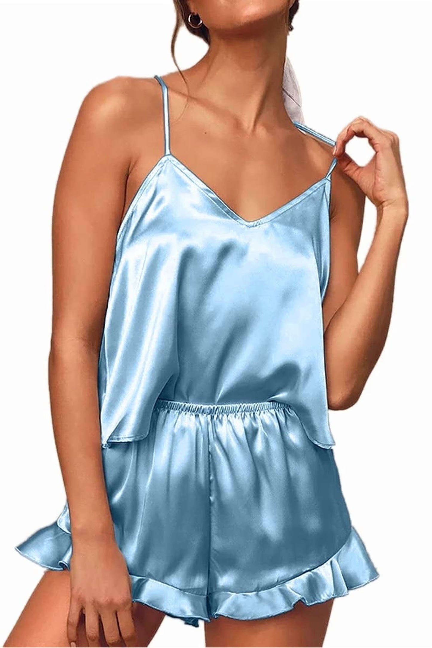 SOMER Sexy Pajamas for Women Set Silk Satin Ruffled Cute Pajama Sets for Women 2 Piece Cami White Shorts Sets Cozy Sleepwear