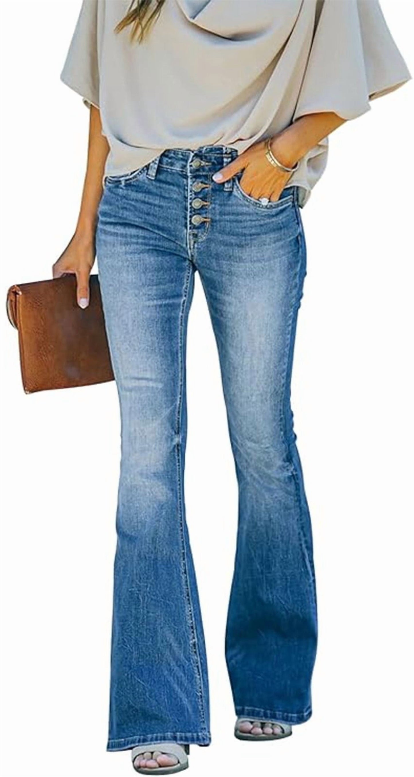 SOMER Womens Jeans Flare Bell Bottom High Waist Bootcut Button Fly Slim Vintage Trousers Denim Pants