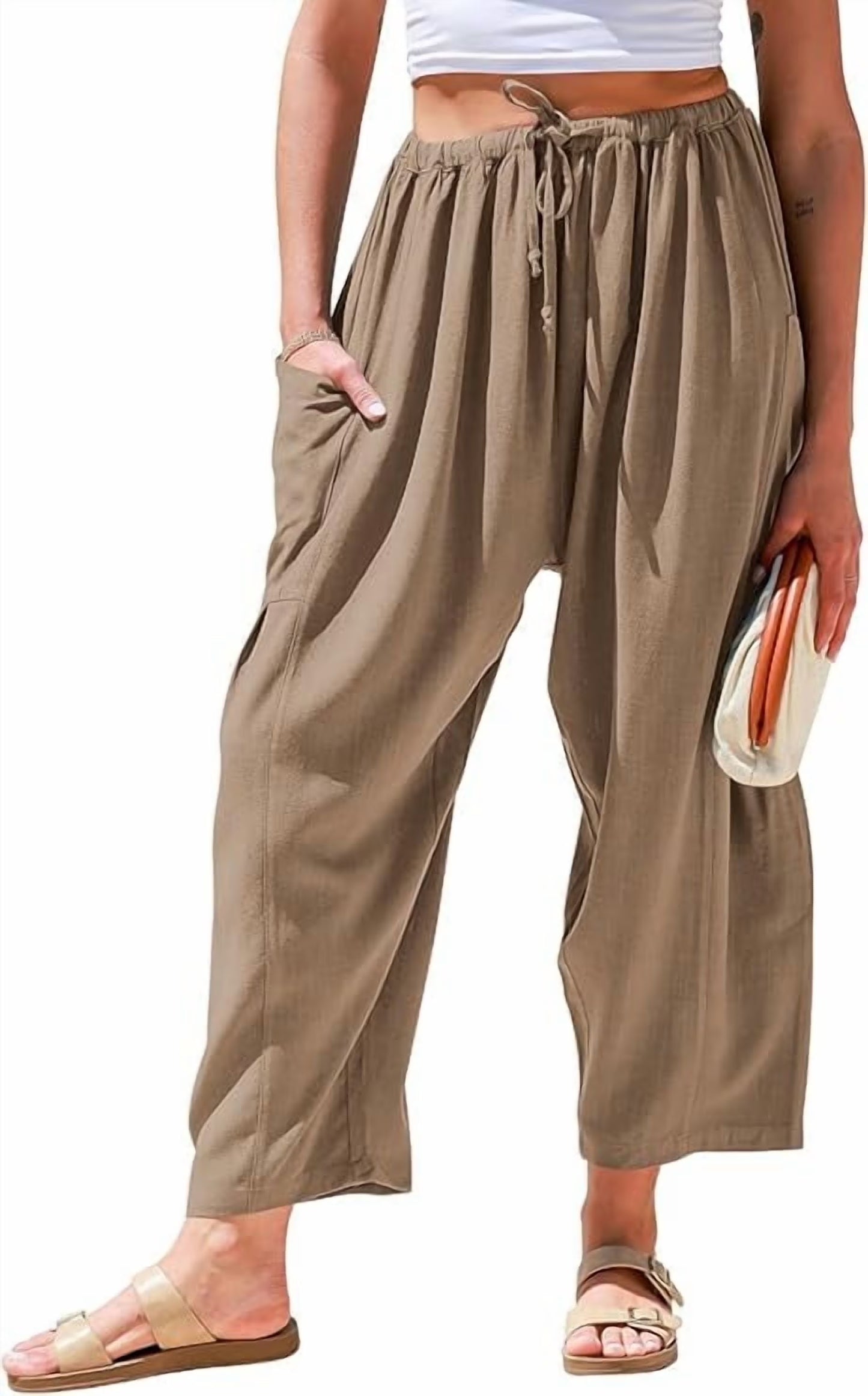 SOMER Womens Wid e Leg Pants Flowy Casual Drawstring Waist Wide Leg Loose Linen Palazzo Harem Pants with Pocket 2026