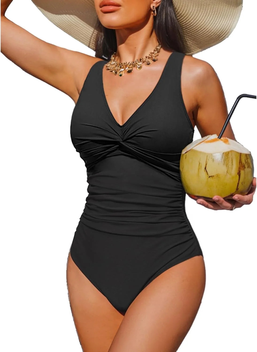 SOMER Women's One Piece Swimsuit Tummy Control Bathing Suits V Neck Slimming Adjustable Thin Strap Swimwear