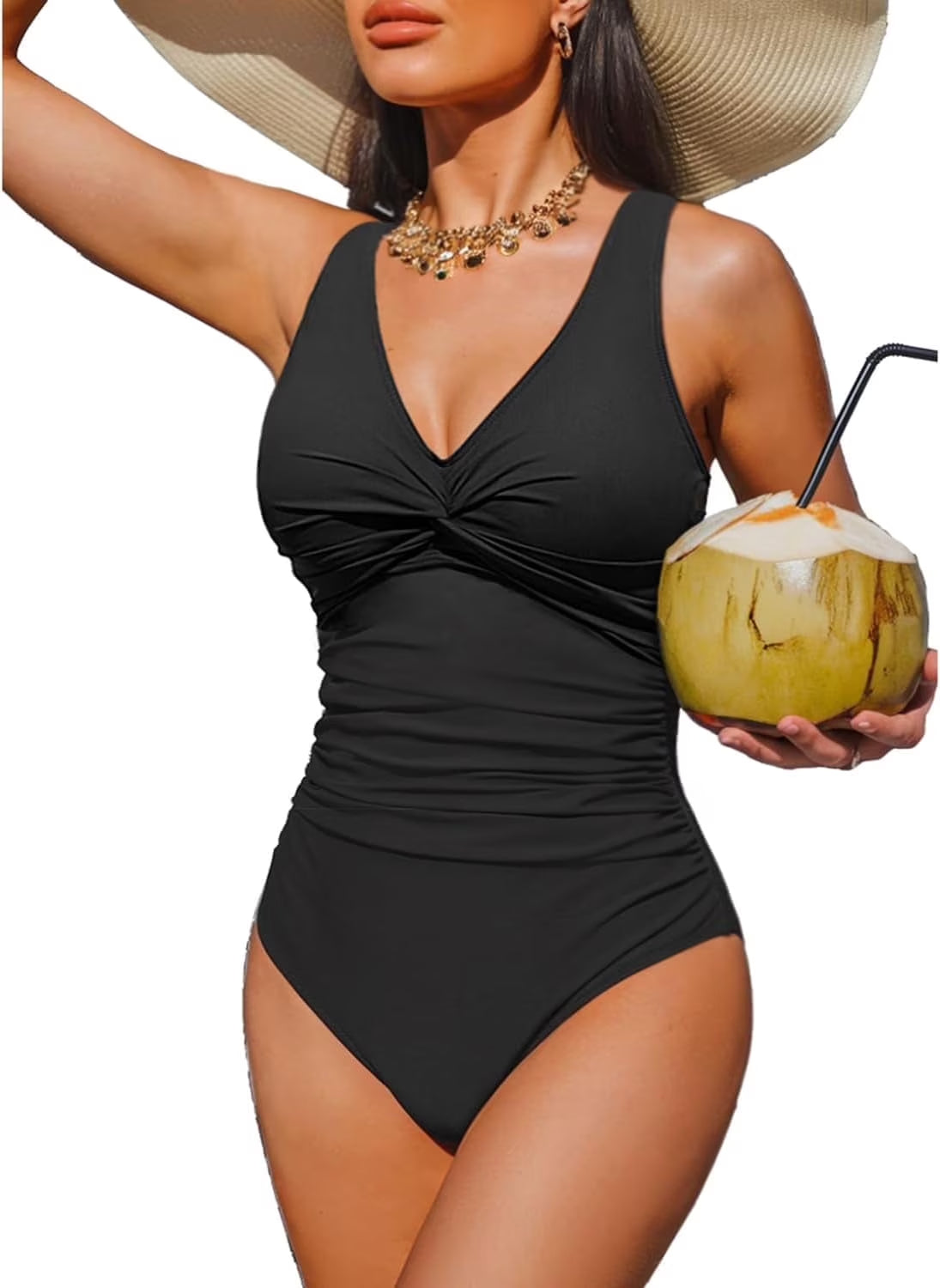 SOMER Women's One Piece Swimsuit Tummy Control Bathing Suits Ruffle V Neck Mesh Sheer Slimming Swimwear