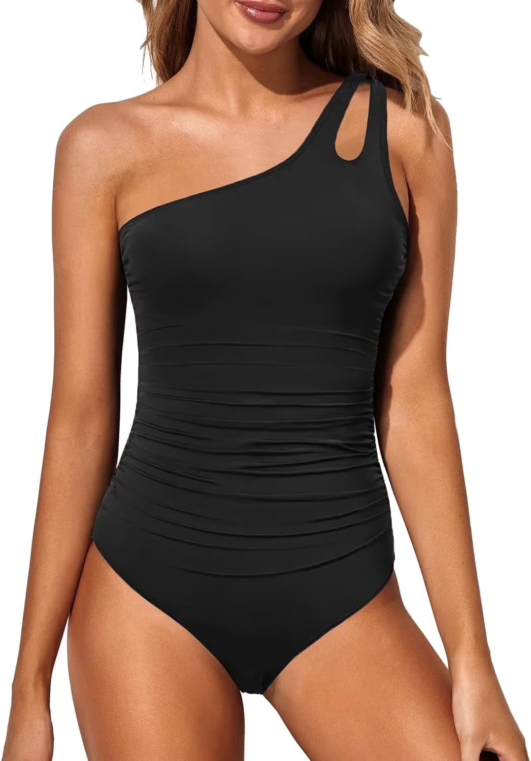 SOMER Women's One Piece Swimsuit Tummy Control Bathing Suits Ruffle V Neck Mesh Sheer Slimming Swimwear