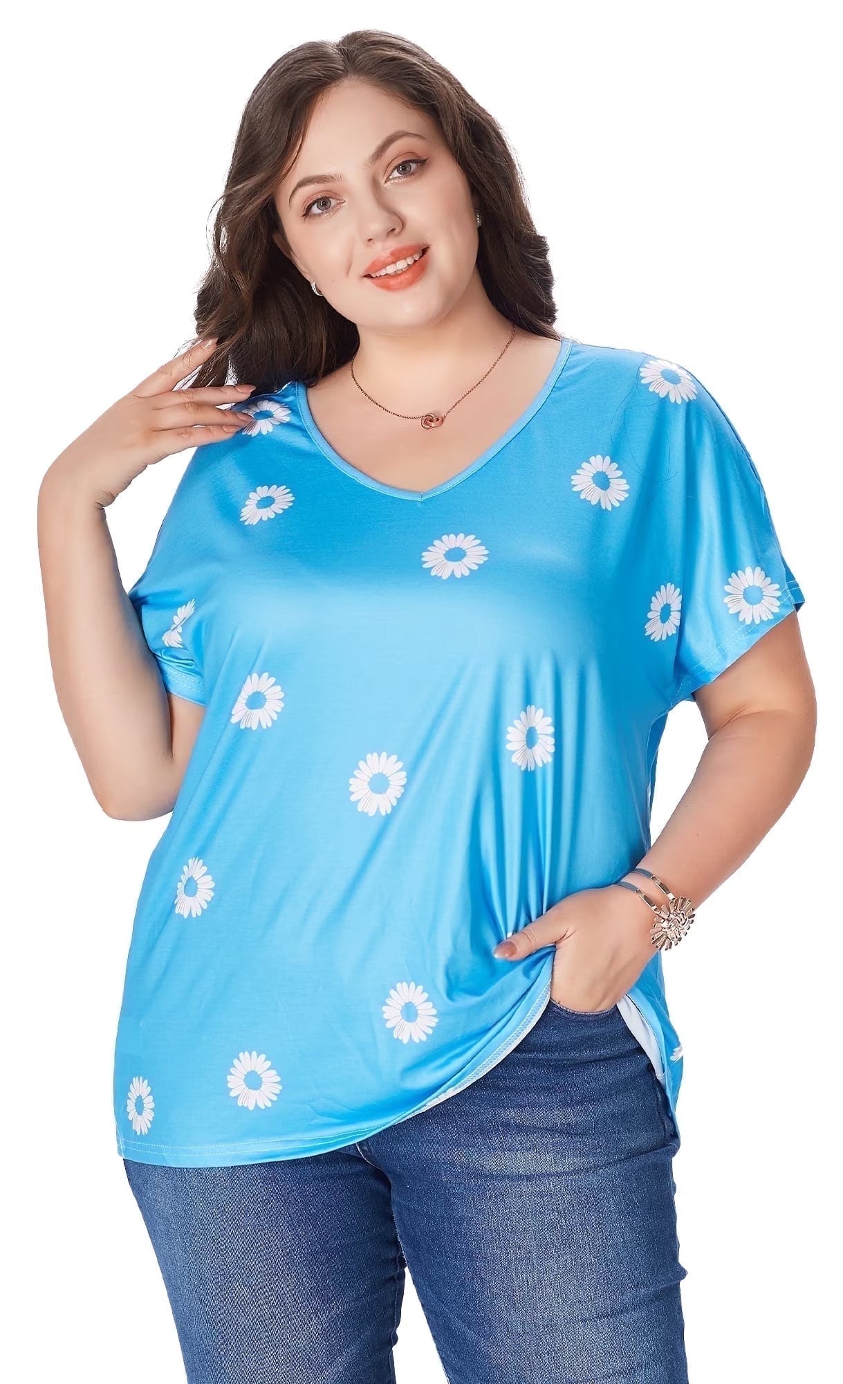 SOMER Women's Plus Size Tops Flower Printed V Neck Short Sleeve Casual Tops