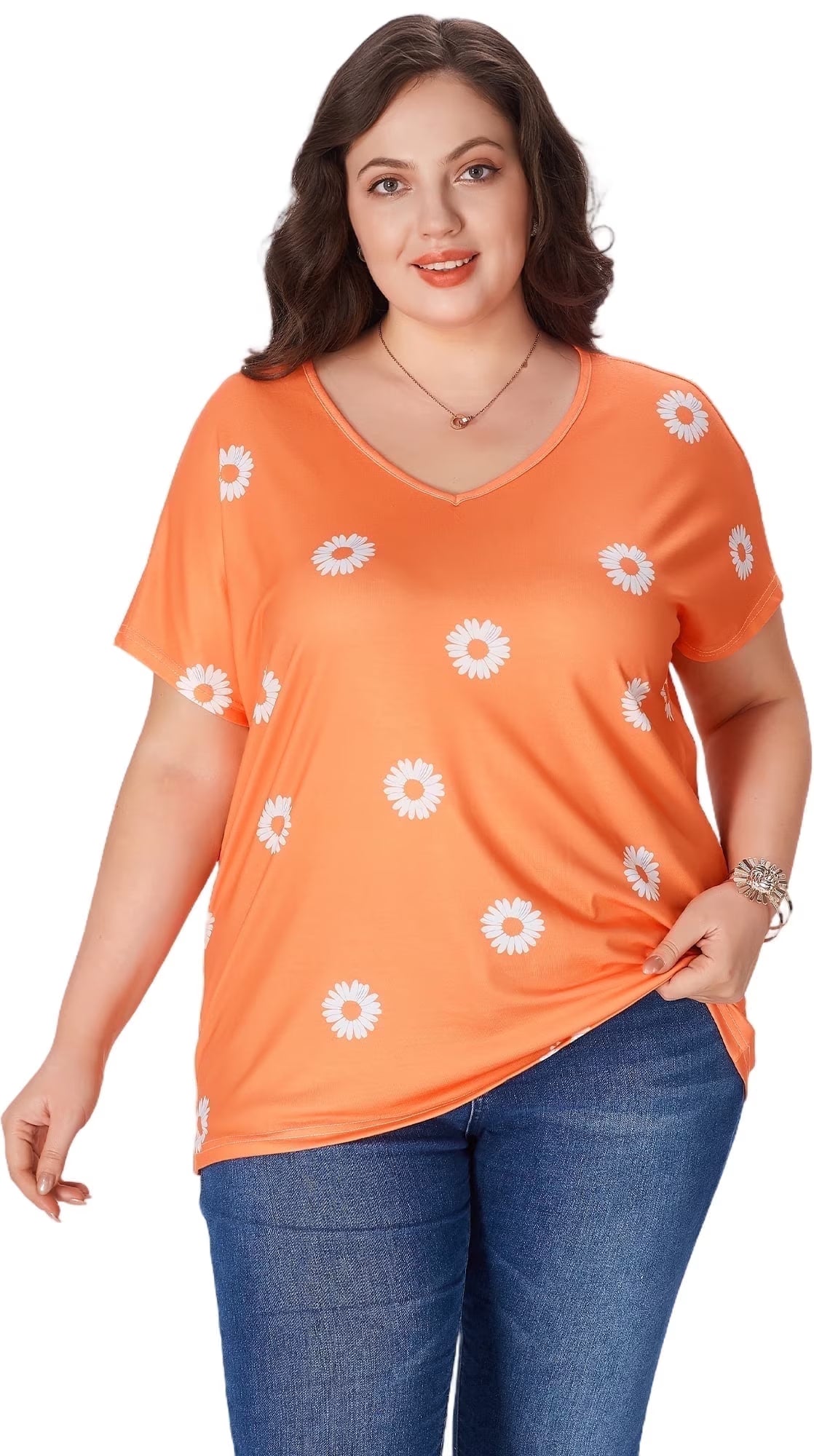 SOMER Women's Plus Size Tops Flower Printed V Neck Short Sleeve Casual Tops