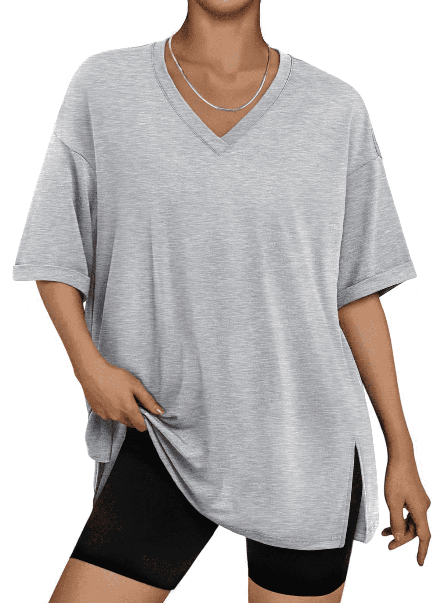 SOMER Womens Shirts Oversized Tshirts for Women Short Sleeve V Neck Slit Hem Summer Tops Gray Workout T Shirts Loose Fit Basic Tee