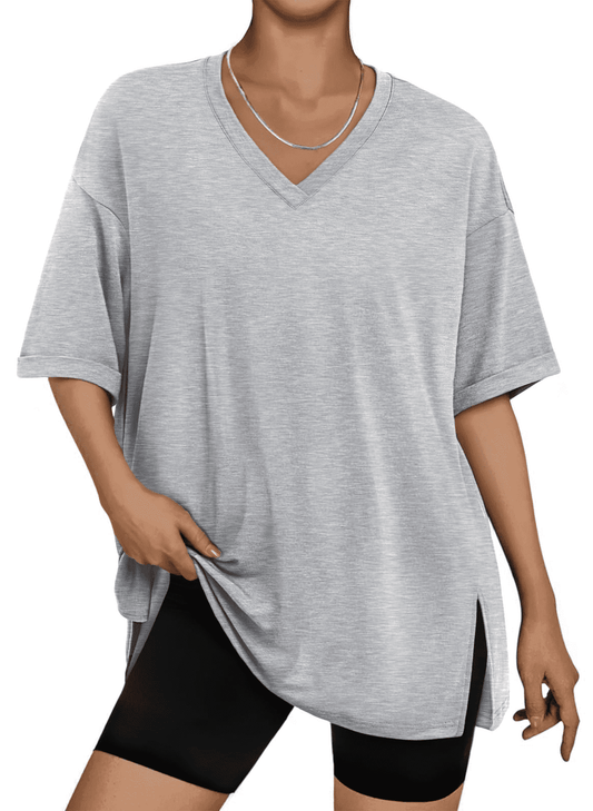 SOMER Womens Shirts Oversized Tshirts for Women Short Sleeve V Neck Slit Hem Summer Tops Gray Workout T Shirts Loose Fit Basic Tee