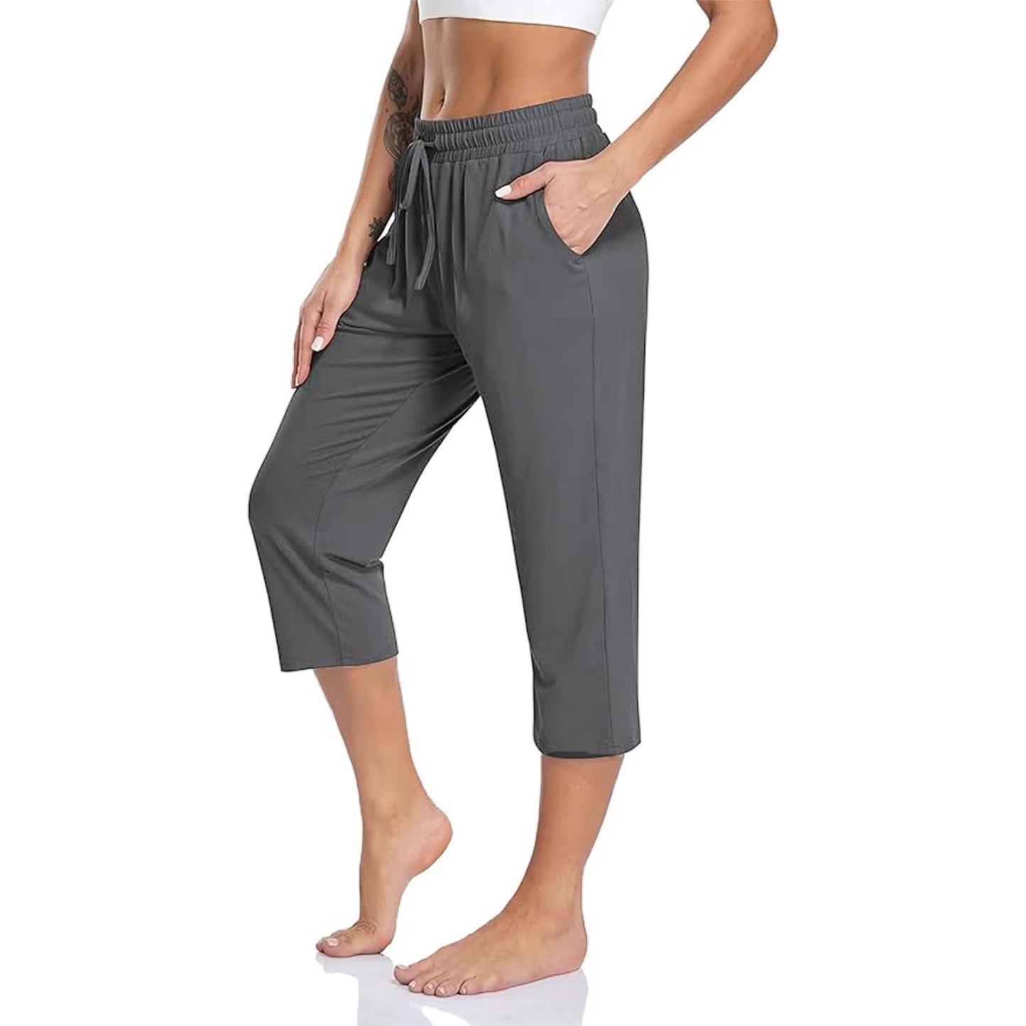 SOMER 2-Pack Yoga Pants with Pockets for Women Capri Flared Pants High Waist Drawstring Workout Pants Casual Work Pants Flare Leggings for Summer