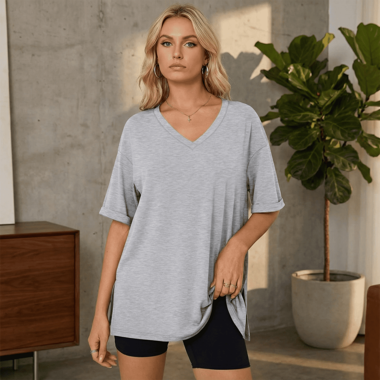 SOMER Womens Shirts Oversized Tshirts for Women Short Sleeve V Neck Slit Hem Summer Tops Gray Workout T Shirts Loose Fit Basic Tee