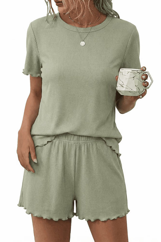 SOMER Women’s Pajama Set Ribbed Knit 2 Piece Pjs Short Sleeve Sleepwear Casual Soft Lounge 2026 Summer Green
