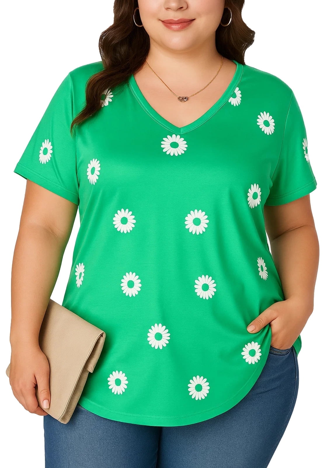 SOMER Women's Plus Size Tops Flower Printed V Neck Short Sleeve Casual Tops