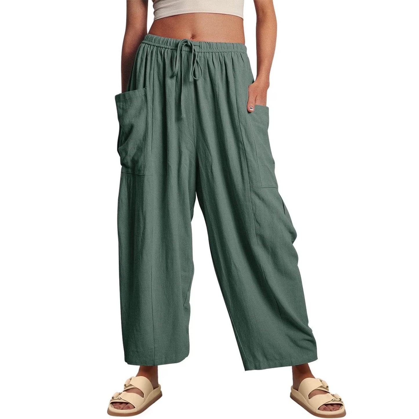 SOMER Womens Wid e Leg Pants Flowy Casual Drawstring Waist Wide Leg Loose Linen Palazzo Harem Pants with Pocket 2026