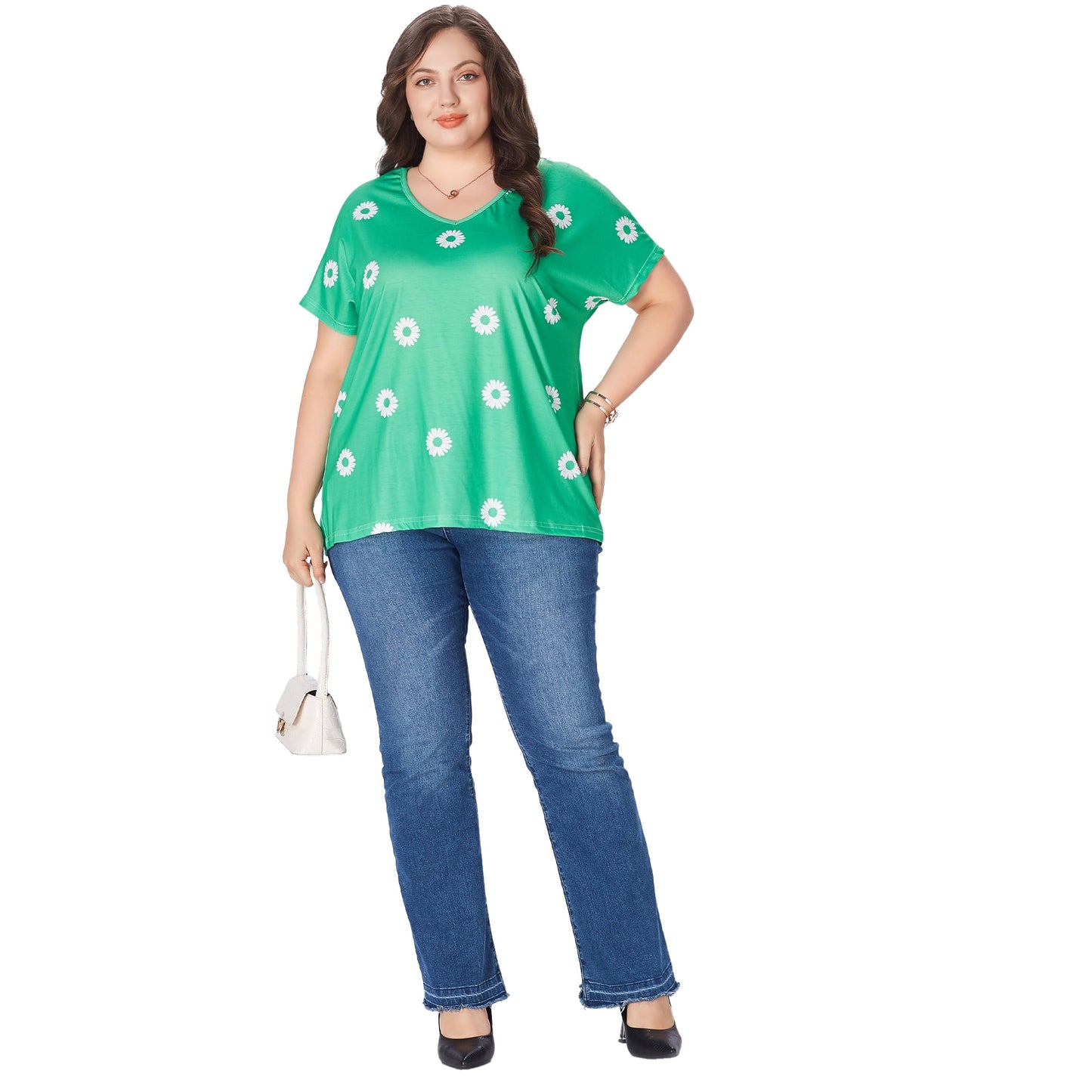 SOMER Women's Plus Size Tops Flower Printed V Neck Short Sleeve Casual Tops