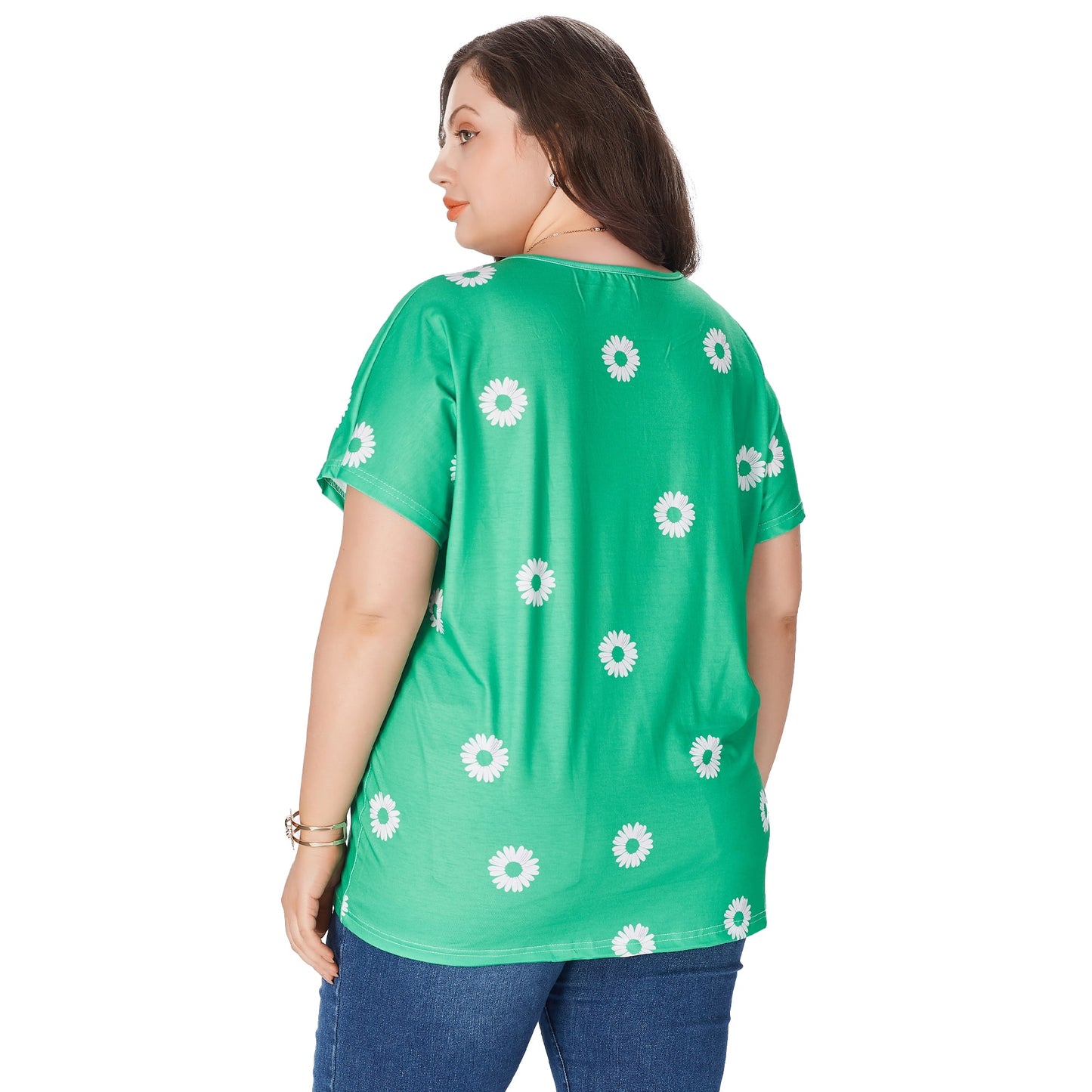 SOMER Women's Plus Size Tops Flower Printed V Neck Short Sleeve Casual Tops