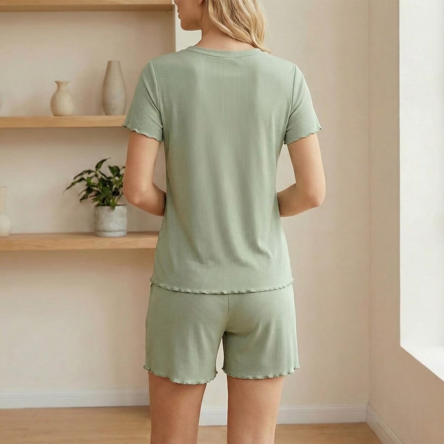 SOMER Women’s Pajama Set Ribbed Knit 2 Piece Pjs Short Sleeve Sleepwear Casual Soft Lounge 2026 Summer Green