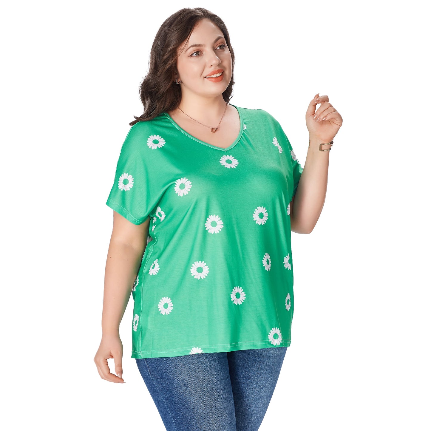SOMER Women's Plus Size Tops Flower Printed V Neck Short Sleeve Casual Tops
