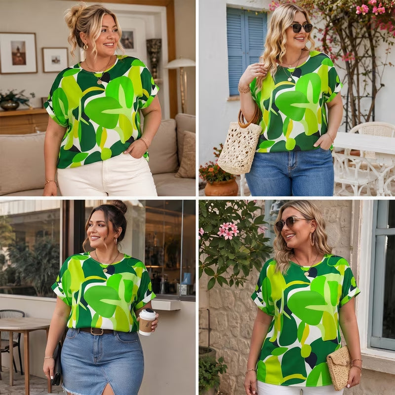 SOMER Woman Plus Size Tops Short Sleeve Blouses Casual Printing T Shirts Loose Summer Top