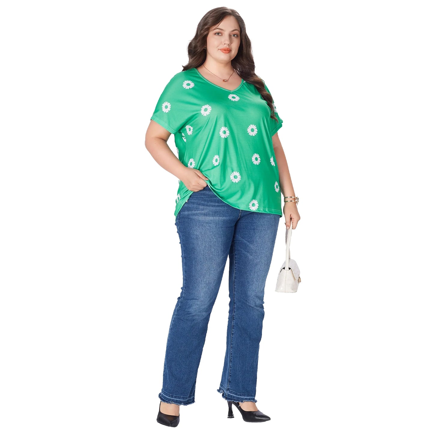 SOMER Women's Plus Size Tops Flower Printed V Neck Short Sleeve Casual Tops