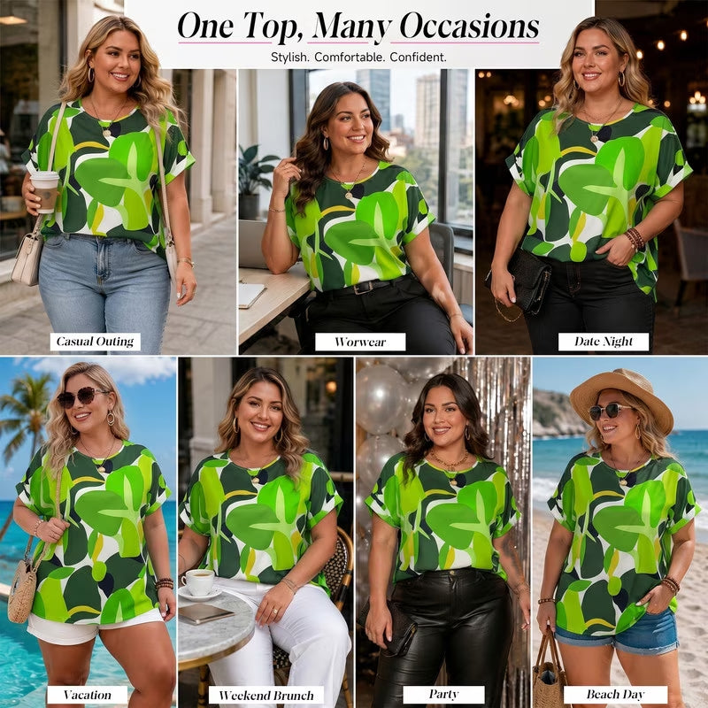 SOMER Woman Plus Size Tops Short Sleeve Blouses Casual Printing T Shirts Loose Summer Top