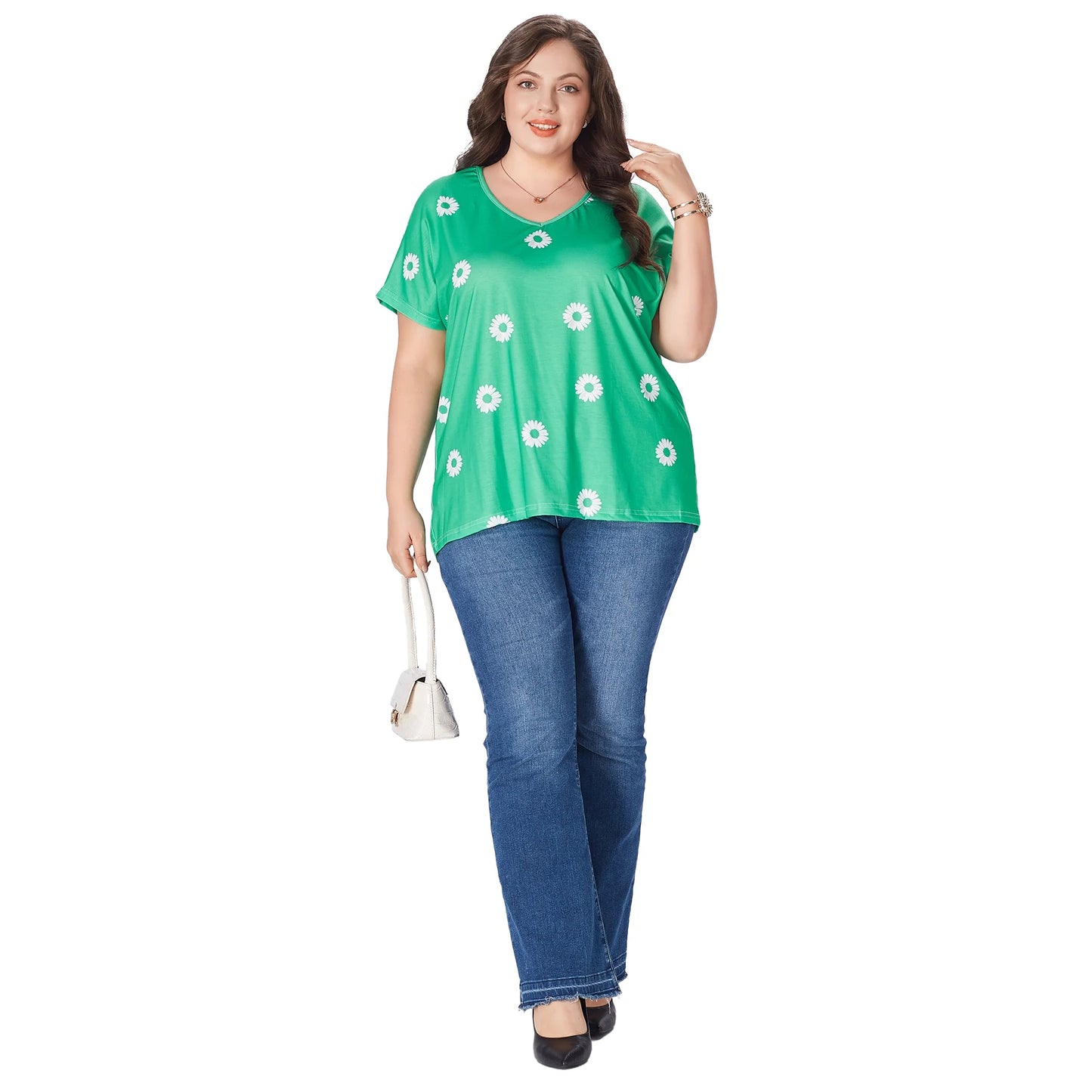 SOMER Women's Plus Size Tops Flower Printed V Neck Short Sleeve Casual Tops